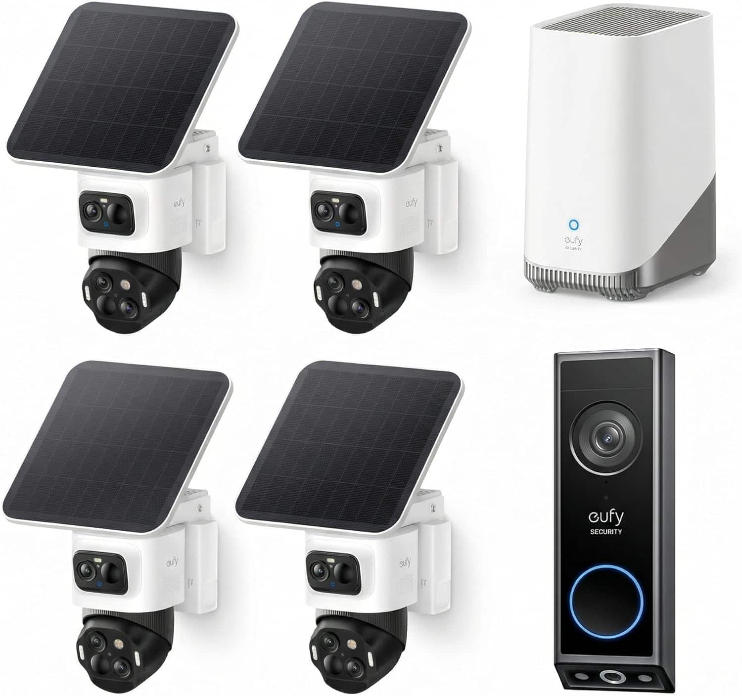 eufy - eufyCam S4 4-Cam Kit Video Doorbell E340,4K Solar Camera Wireless Outdoor, Triple Lens, 360° View, 0 Monthly Fee - White
