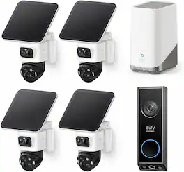 eufy - eufyCam S4 4-Cam Kit Video Doorbell E340,4K Solar Camera Wireless Outdoor, Triple Lens, 360° View, 0 Monthly Fee - White