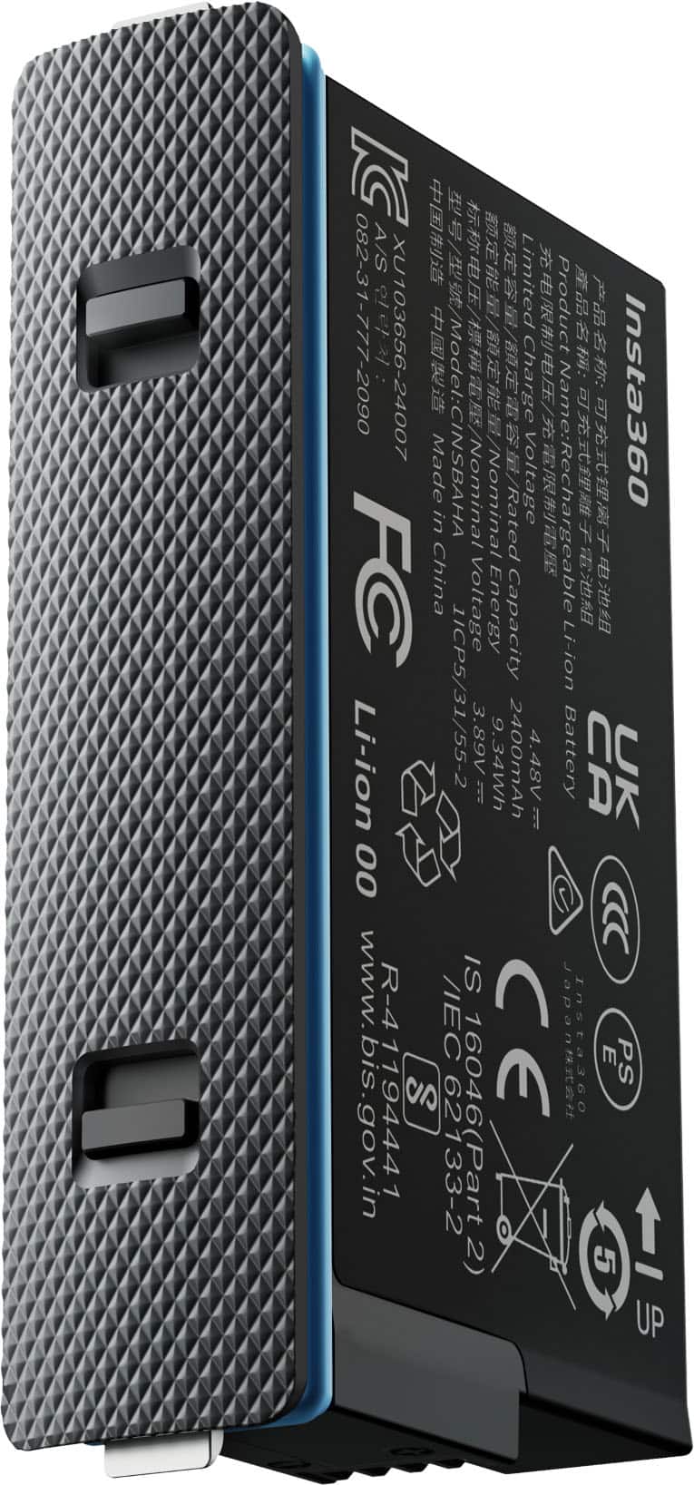 AIS Limited 082-31-777-2090 XU103656-24007 Product: Insta360 Made in China Nominal Charge/Name: Rechargeable Li-ion Battery 1ICP5/31/55-2 3.89V 9.34Wh 2400mAh 4.48V Battery CA UK: CE Japan Insta360 E PS bis.gov.in 62133-2 16046(Part2 2) 5 t UP