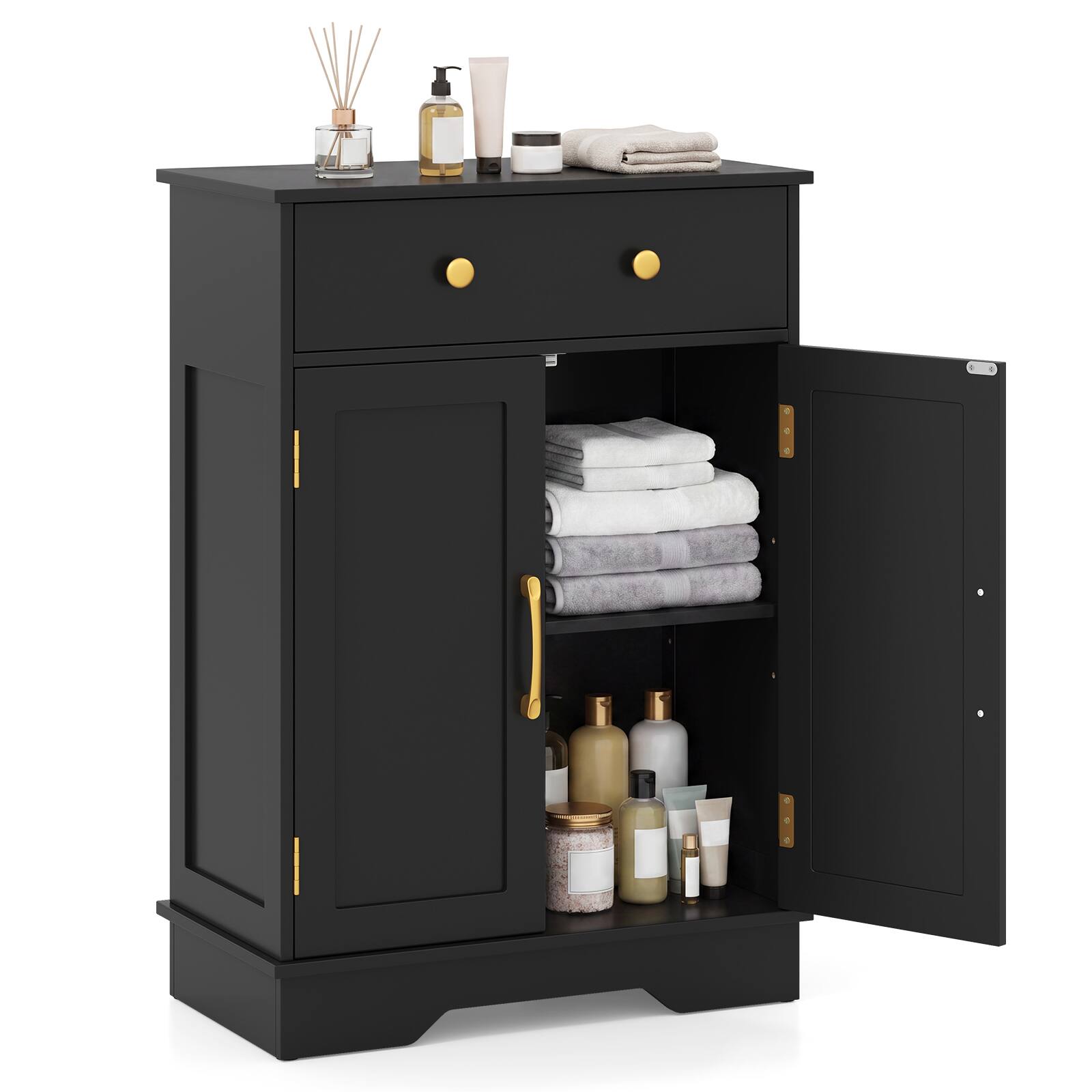 Front. Costway - Costway Bathroom Storage Cabinet, Sideboard Buffet Storage Cabinet with 2 Doors & Drawer - Black + Gold.