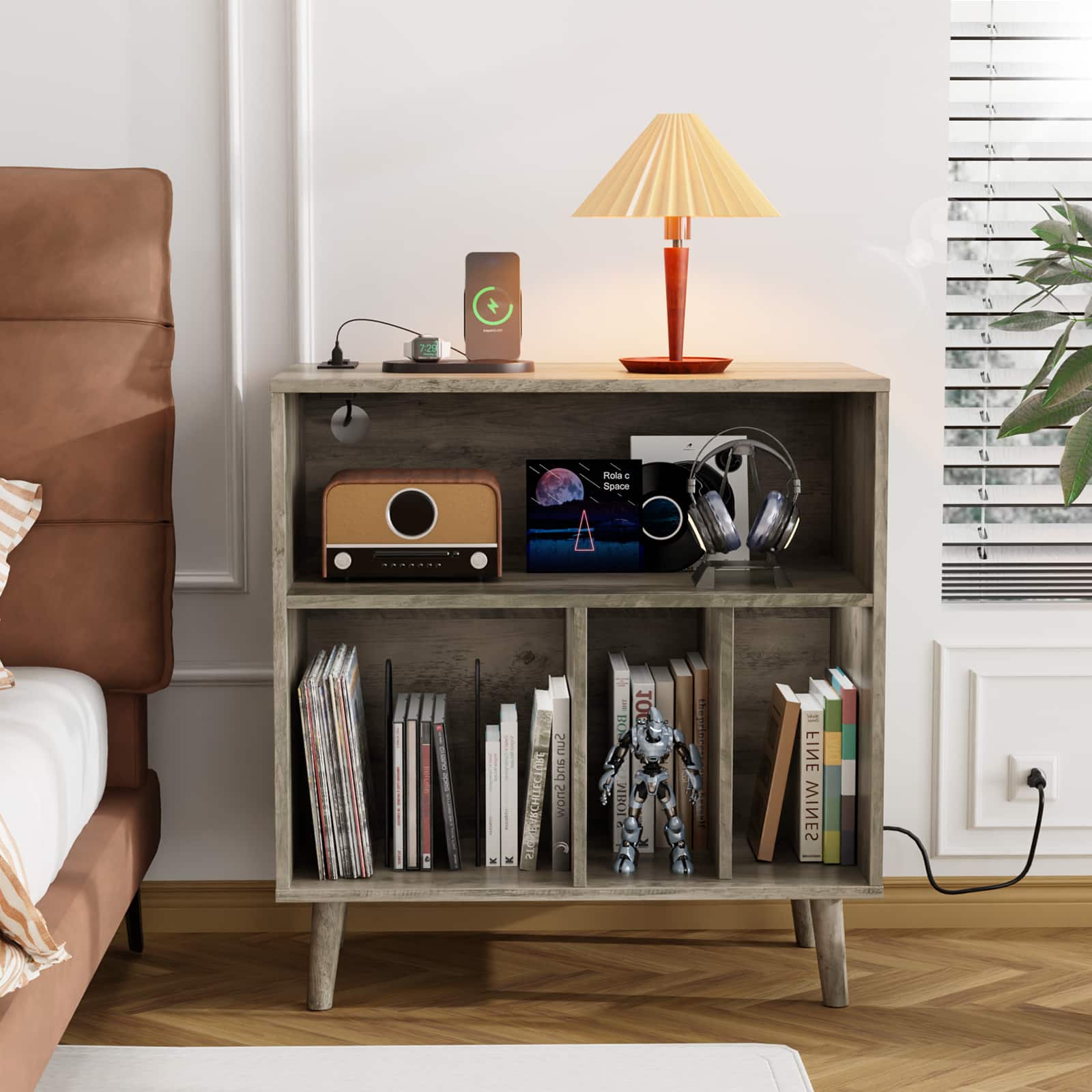 Winado - Vinyl Record Player Stand Album Storage Table with LED Light up to 300 Albums with Power Outlet for Living Room - Gray