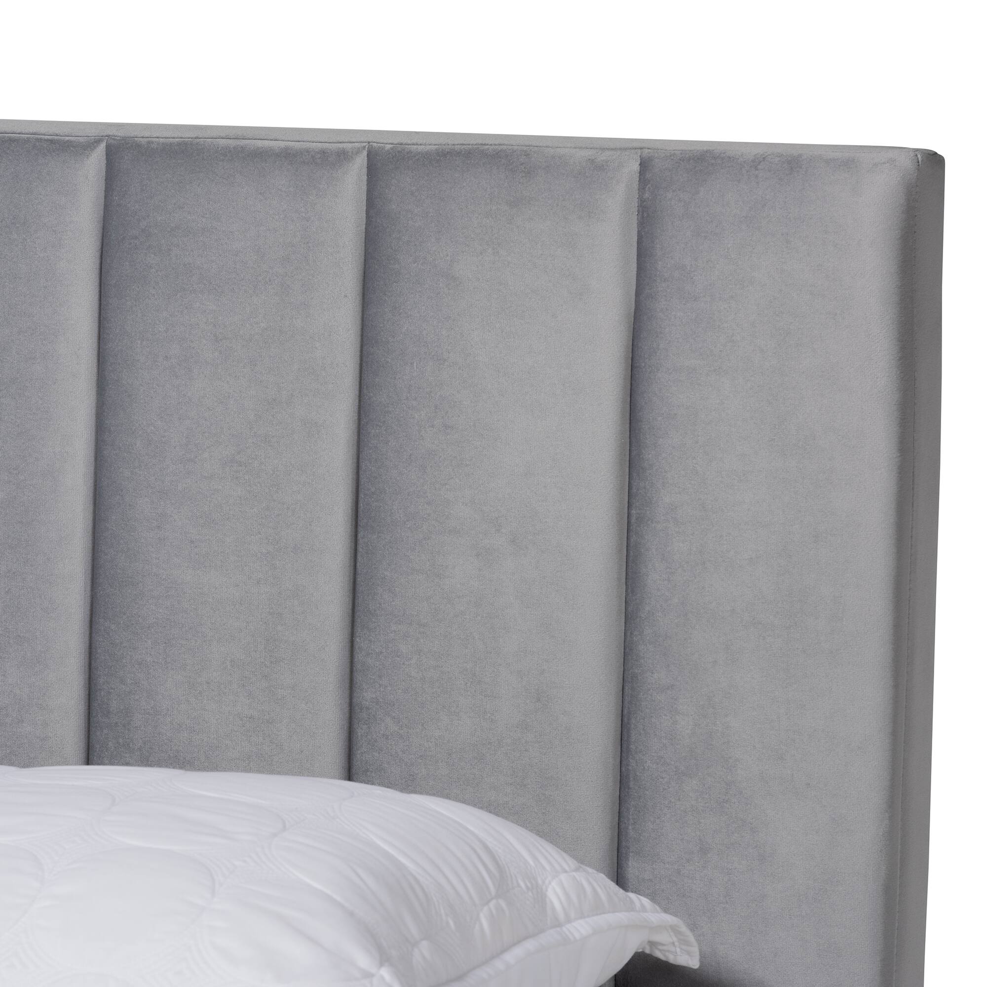 Back. Baxton Studio - Clare Glam and Luxe Velvet Fabric Upholstered King Size Panel Bed with Channel Tufted Headboard - Grey/Black.