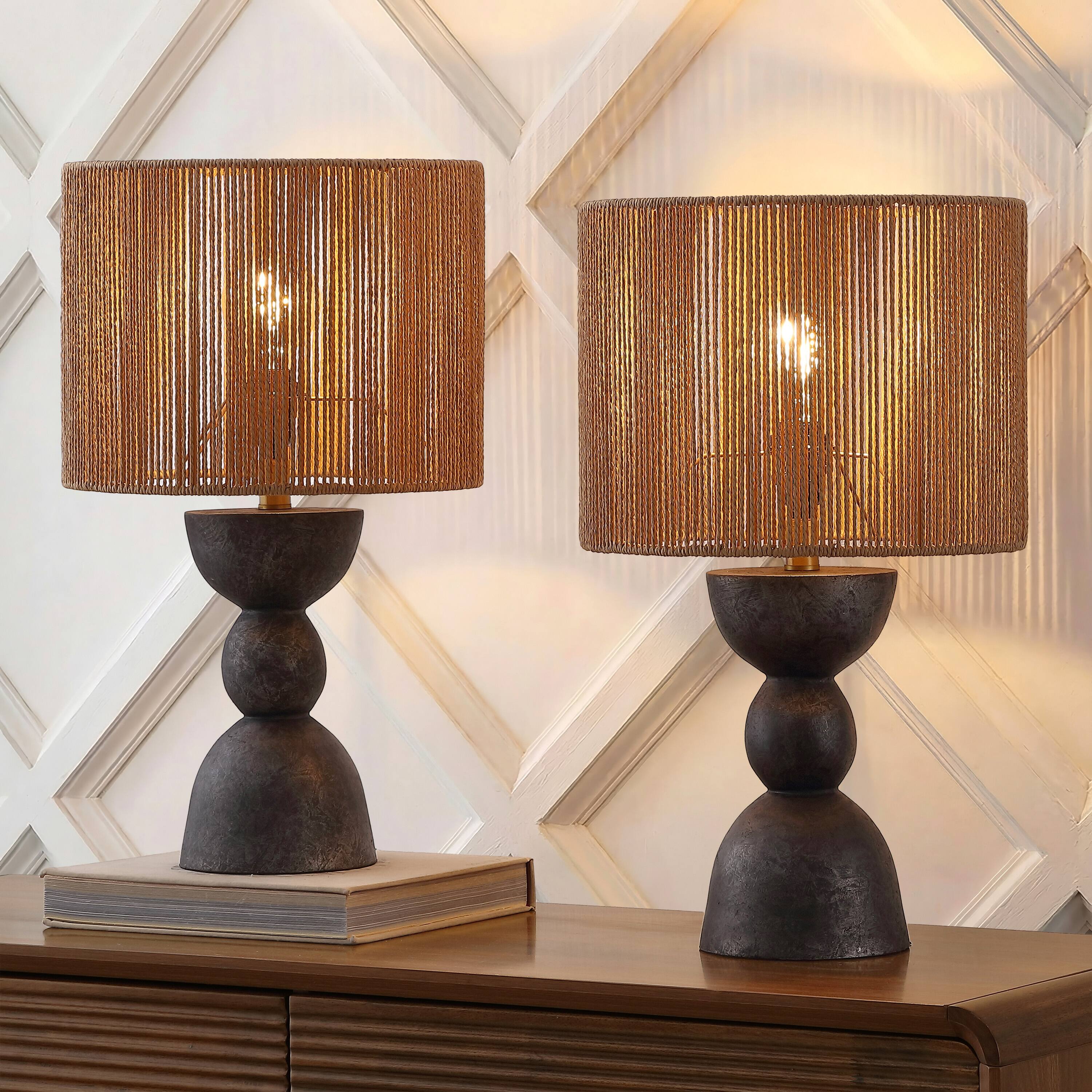 Alt View 1. Jonathan Y - Sherry 22 in. Bohemian Hourglass Totem Resin with Hand-Woven Paper Rope Drum Shade LED Table Lamp, Black (Set of 2) - Black.