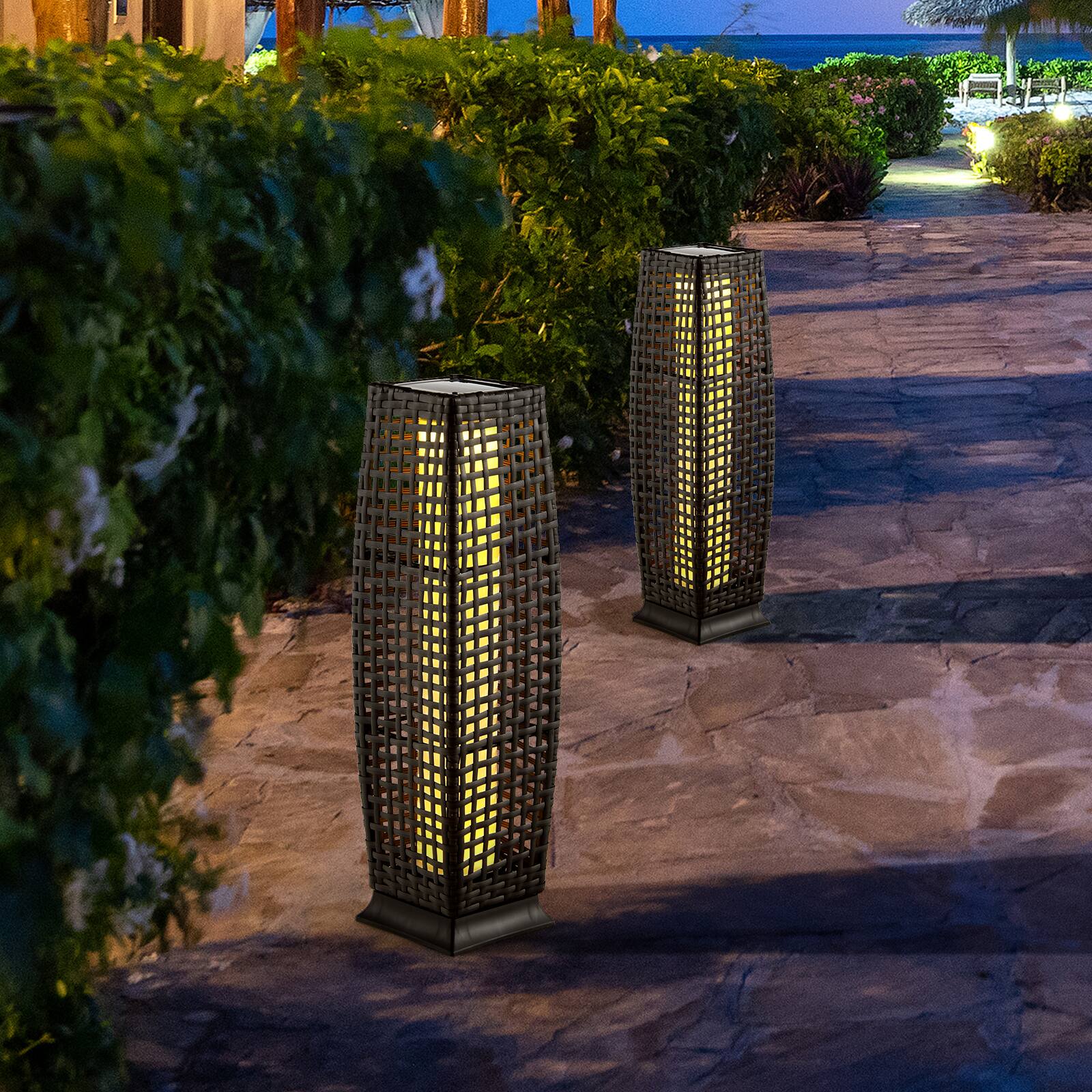 Alt View 2. SlickBlue - 2-Piece Solar Powered Square Wicker Floor Lamps with Automatic LED Light - Black.