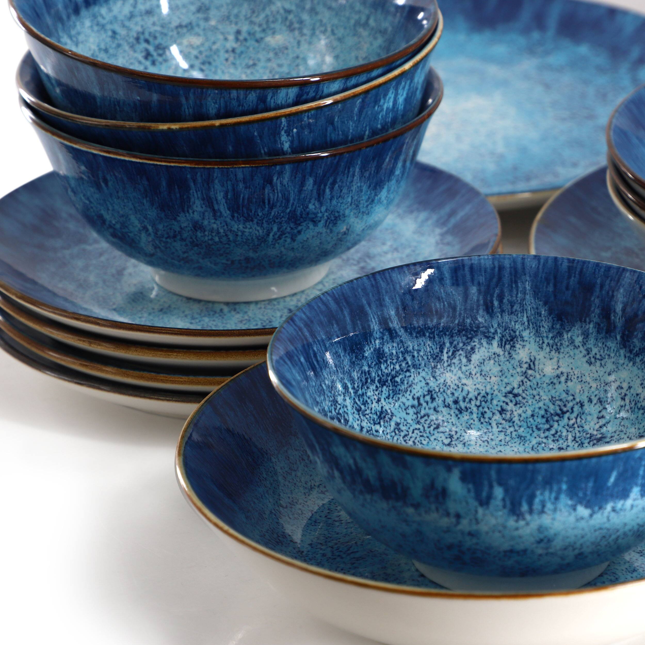 Alt View 5. Elama - Elama Oceanus 16 Piece Porcelain Double Bowl Dinnerware Set in Blue - Blue.