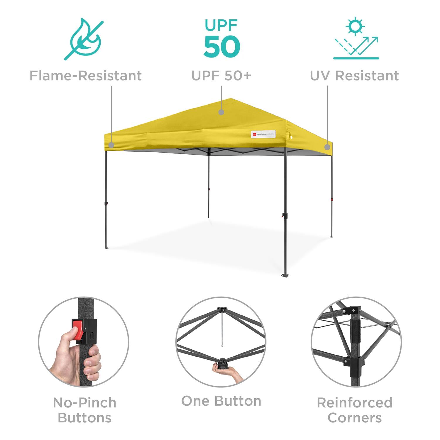 - Flame-Resistant
- UPF 50+
- UV Resistant
- No-Pinch Buttons
- One Button
- Reinforced Corners