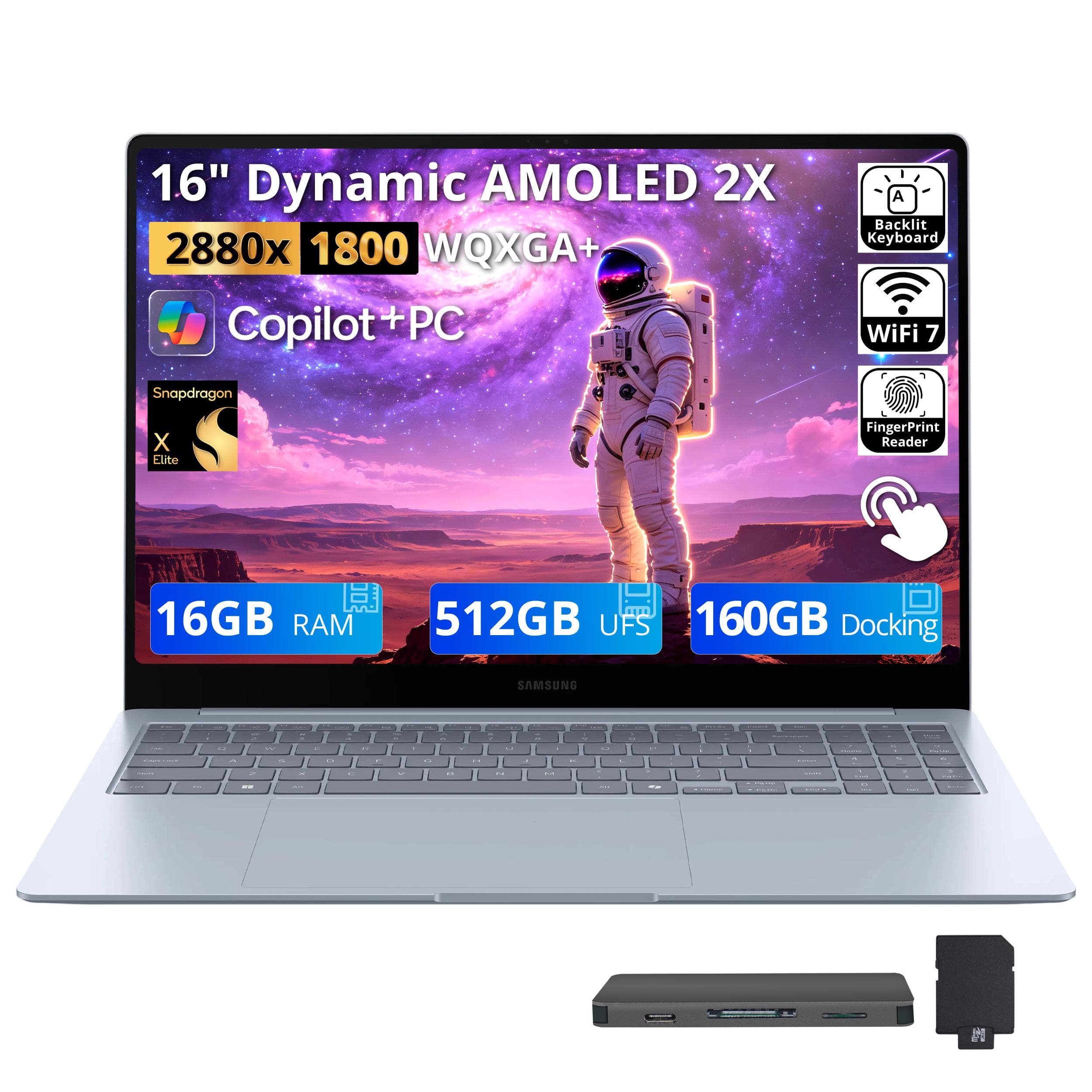 Samsung - Galaxy Book4 Edge 16" AMOLED Touch Laptop,Snapdragon X Elite,16GB RAM,512GB UFS+160GB Dock Set,Backlit,Fingerprint,Win11 - Sapphire Blue
