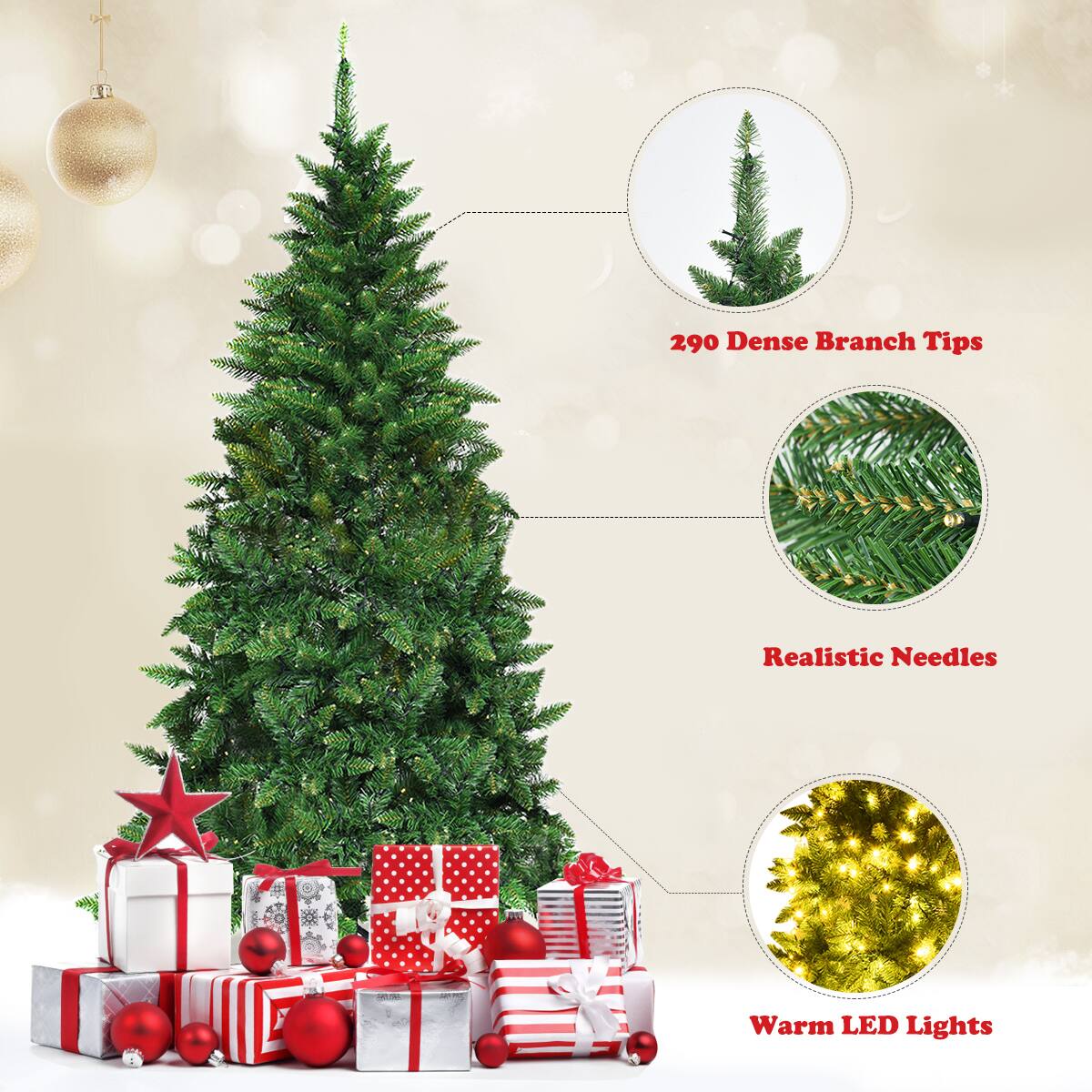 290 Dense Branch Tips  
Realistic Needles  
Warm LED Lights