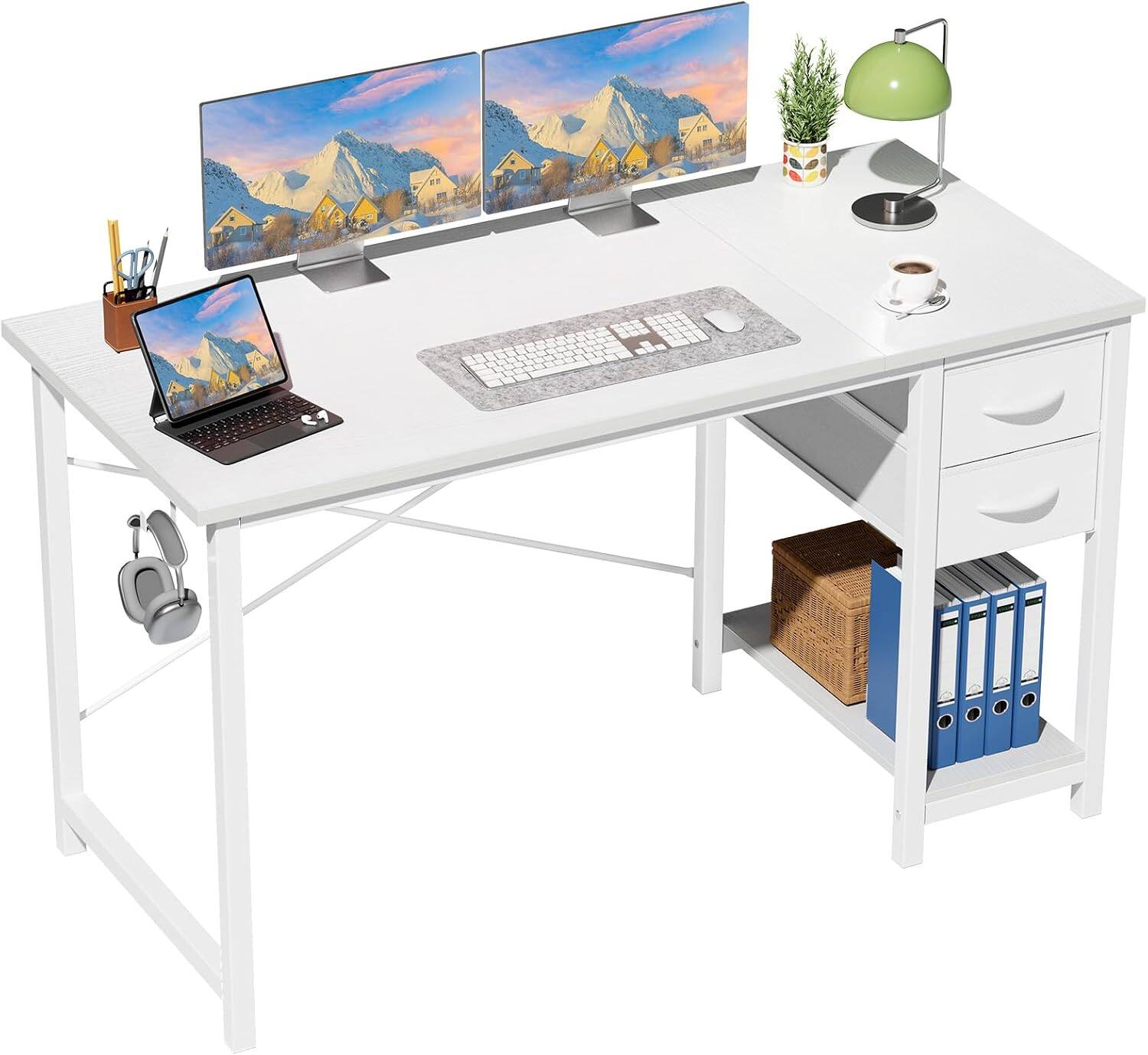 Angle. Sweet - 47 Inch Computer Desk with Drawers, Side Hook, Writing Desk for Bedroom Home Office, White - White.