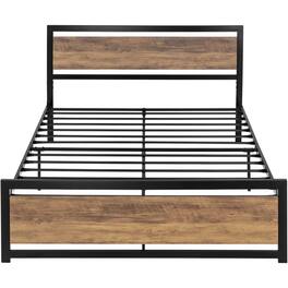 Hivvago - Queen Metal Platform Bed Frame with Wood Panel Headboard and Footboard - Brown