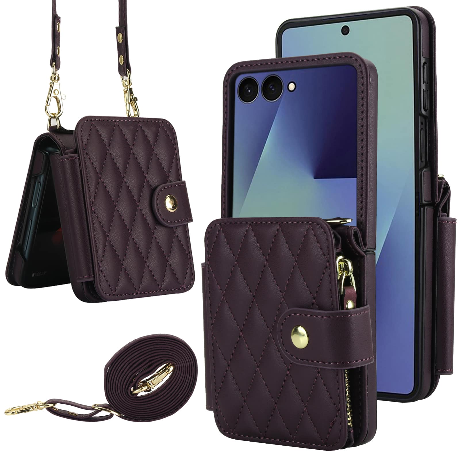 Dteck - Crossbody Quilted PU Leather Wallet Case for Samsung Galaxy Z Flip7,Shock-absorbent RFID Card Pocket Back Cover+Strap - Darkpurple price history on PriceWatchPro