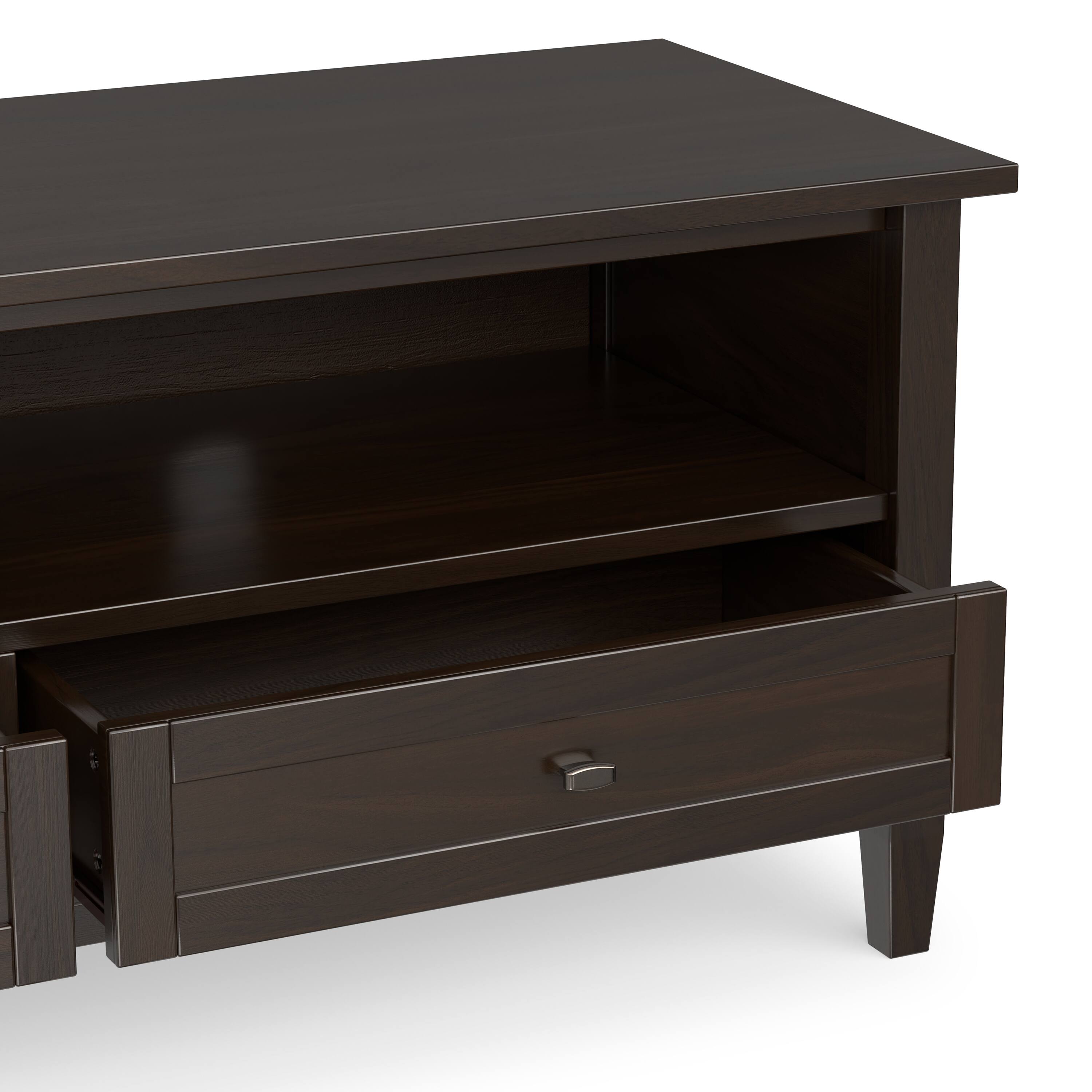 Alt View 4. Simpli Home - Warm Shaker SOLID WOOD 72 inch Low TV Media Stand in Tobacco Brown For TVs up to 80 inches - Tobacco Brown.