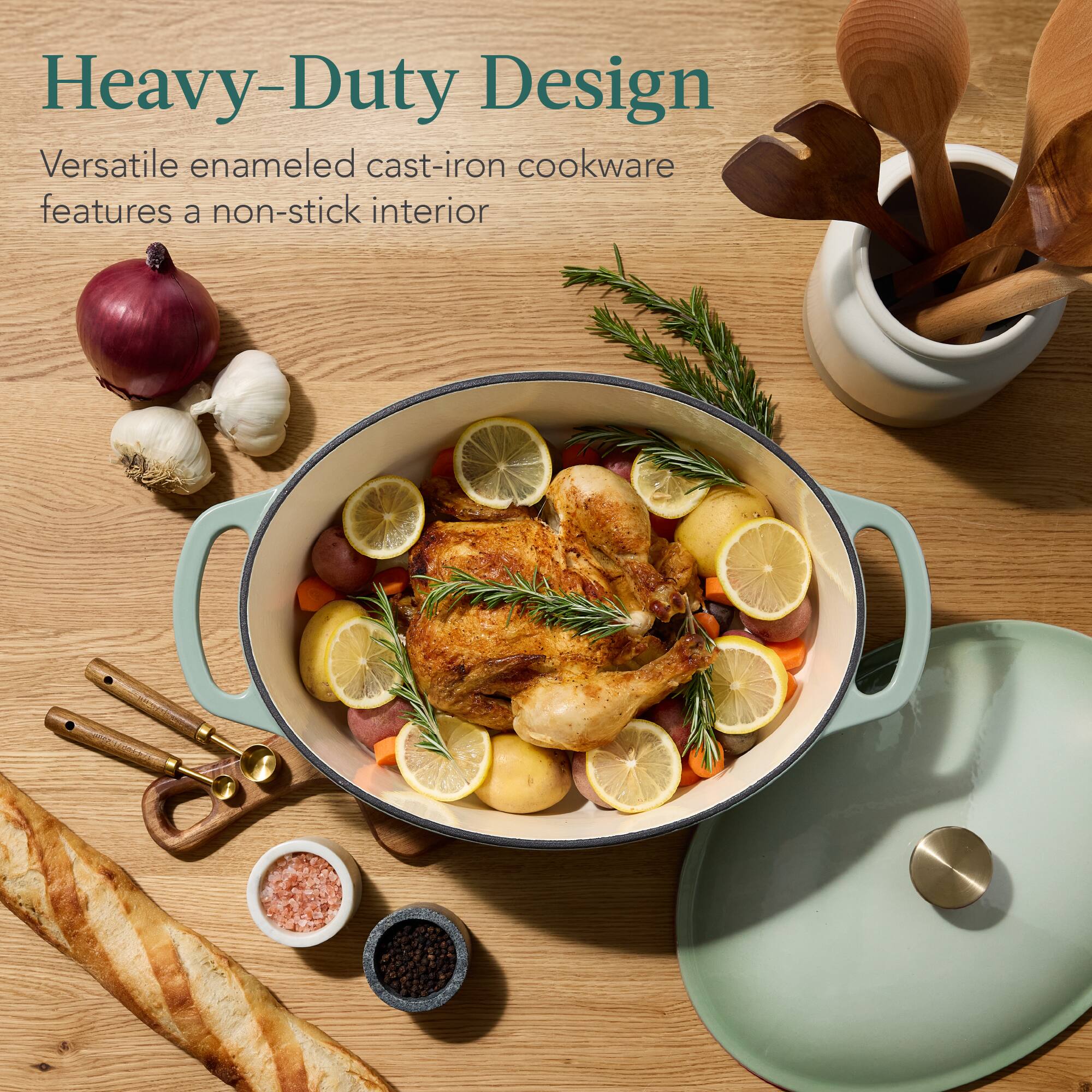 Heavy-Duty Design

Versatile enameled cast-iron cookware features a non-stick interior