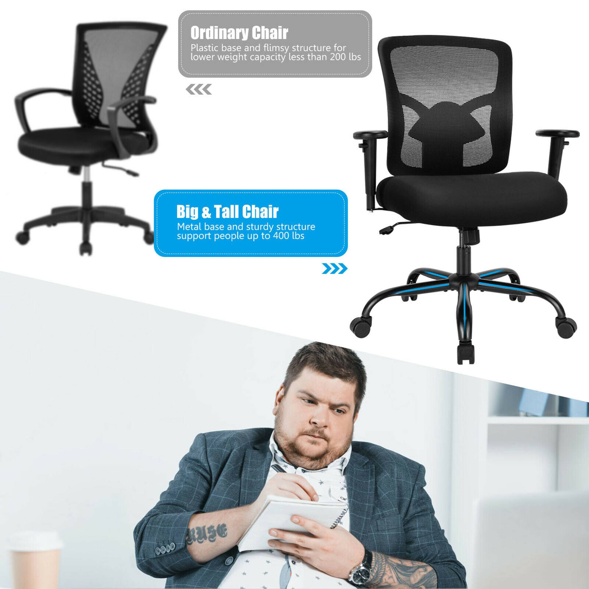 The text on the image reads: "Ordinary Chair: Plastic base and flimsy structure for lower weight capacity less than 200 lbs. Big & Tall Chair: Metal base and sturdy structure support people up to 400 lbs."
