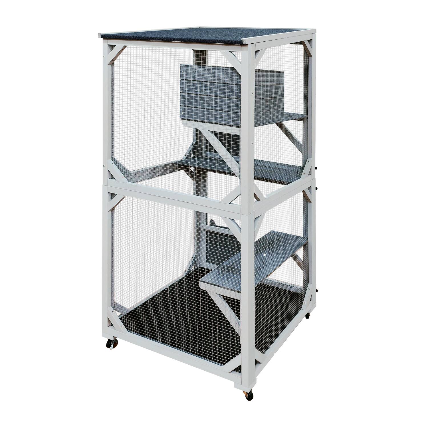 Alt View 4. Siljoy - 30.7" Catio on Wheels, Outdoor Cat House with Napping Box, 4 Platforms & Asphalt Roof, Sliding Doors.