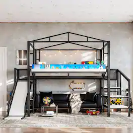 Boyel Living - Full Size Loft Bed with Storage Stairs Shelves and Built in Wardrobe Metal Loft Bed Frame - Black
