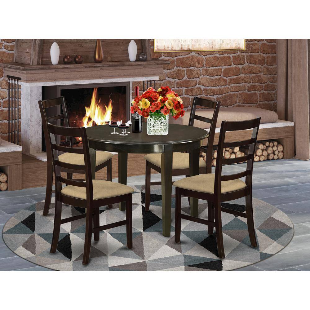 Left. East West Furniture - BOPF5-CAP-C 5 Pc small Kitchen Table set-round Kitchen Table and 4 Dining Chairs - Cappuccino.