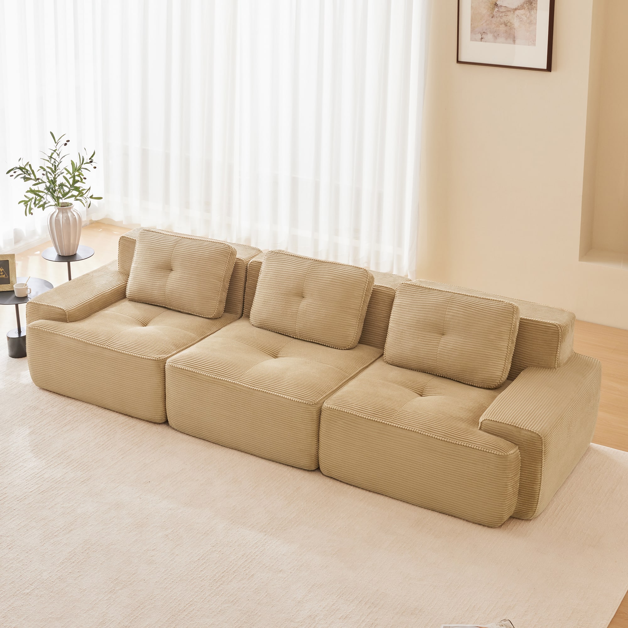 Aukfa - 117" Modern Modular Sectional Sofa - Corduroy Fabric, 3-Seater with Deep Seat, Buckle Connection, No Assembly - Camel