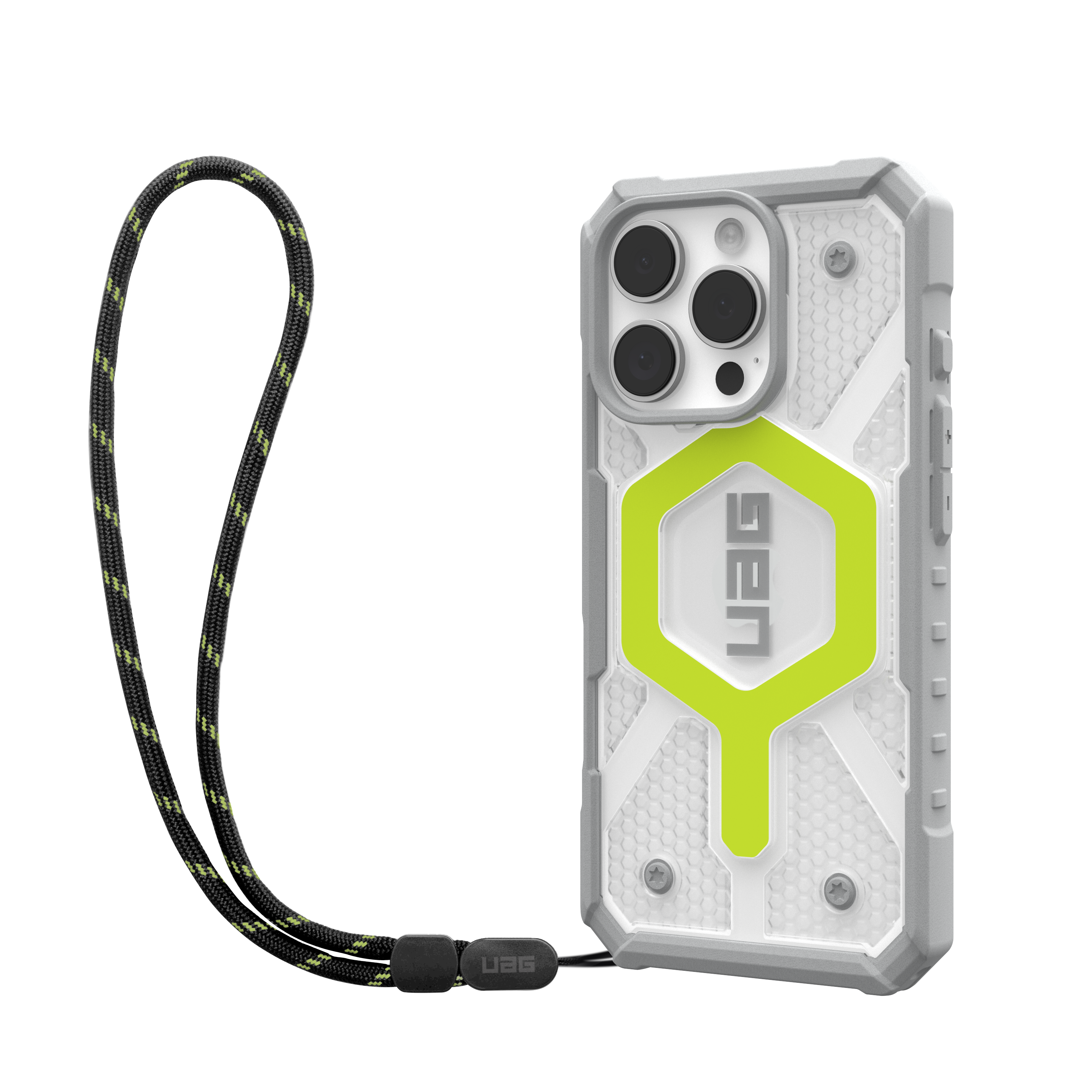 Angle. UAG - Bundle: Pathfinder Series MagSafe Case and Lanyard for iPhone 16 Pro - Neon Yellow/Clear.