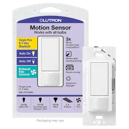 LUTRON Motion Sensor
Works with all bulbs
Single Pole & 3-way Switch
Auto On
Auto Off
Exhaust Fan Control
3x More reliable than competition*
Works with existing wiring
Saves energy
Adapts to daylight
Single pole or 3-way
MS-OPS5MH
360 W LED, CFL
600 W Incandescent, Halogen, ELV
450 W MLV
5 A Fixture
3 A Fan
Packaging may vary
*LISTED
ED