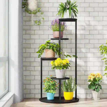 Front. SlickBlue - 5-Tier Indoor Plant Stand – Black Metal Frame with Brown Wood Finish Shelves for Plants - Black.