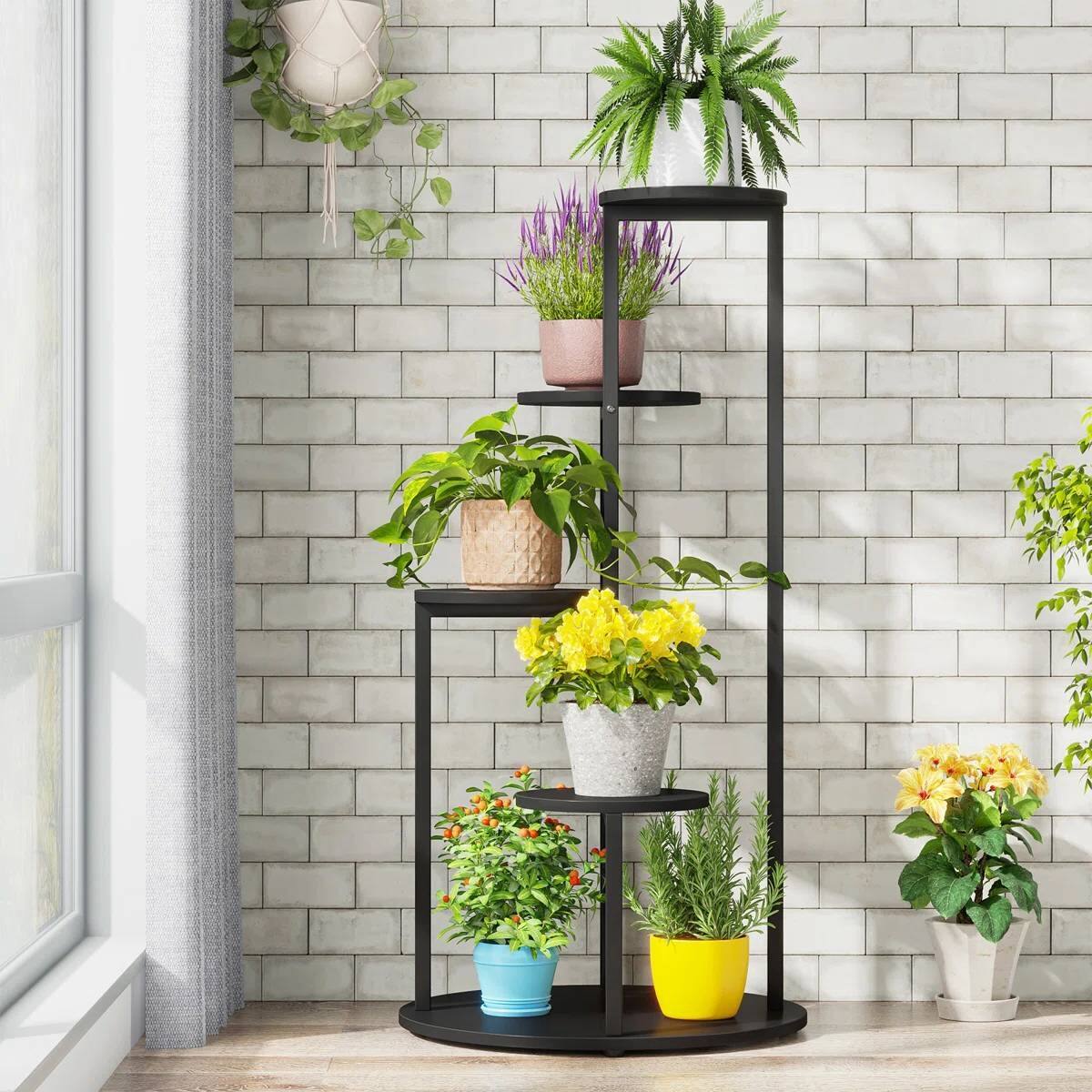 Front. SlickBlue - 5-Tier Indoor Plant Stand – Black Metal Frame with Brown Wood Finish Shelves for Plants - Black.