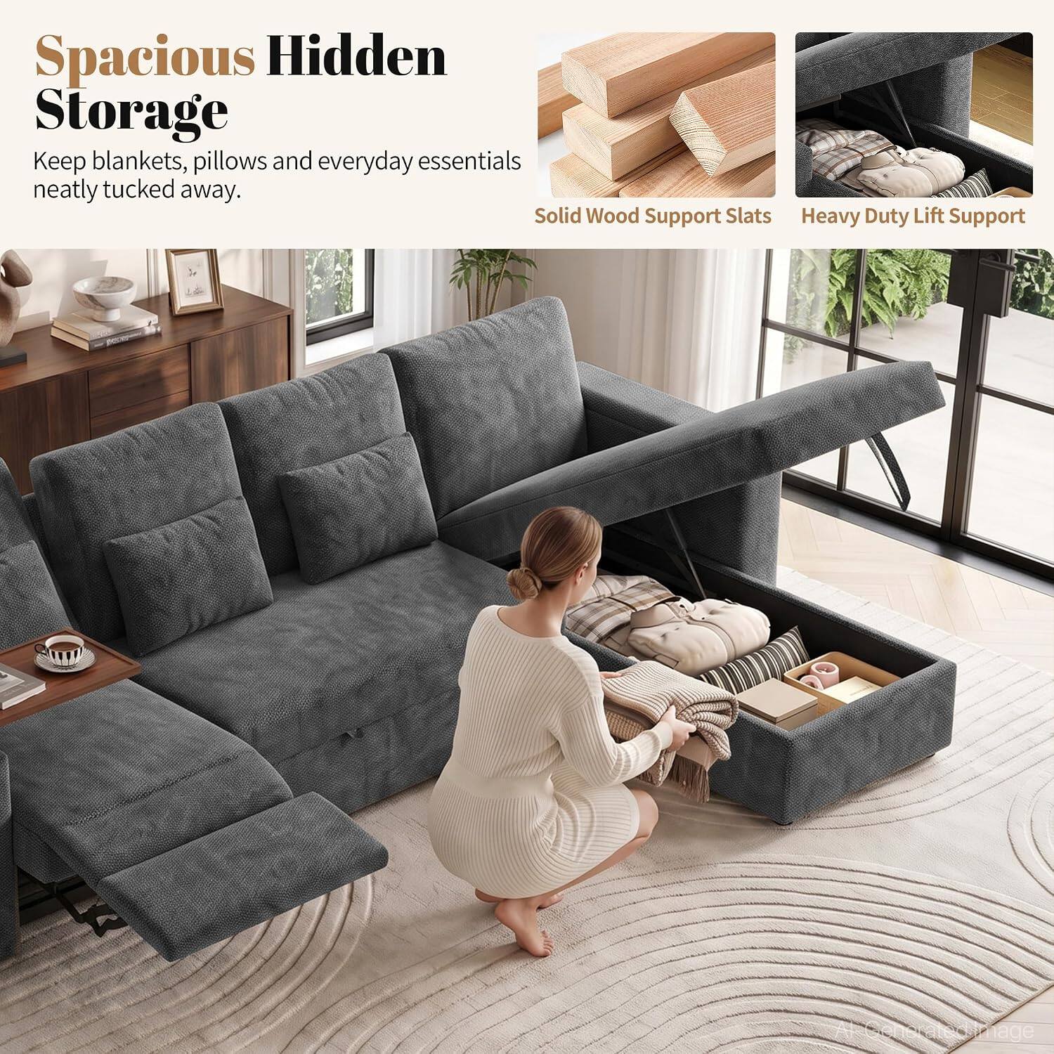 Spacious Hidden Storage  
Keep blankets, pillows and everyday essentials neatly tucked away.  
Solid Wood Support Slats  
Heavy Duty Lift Support