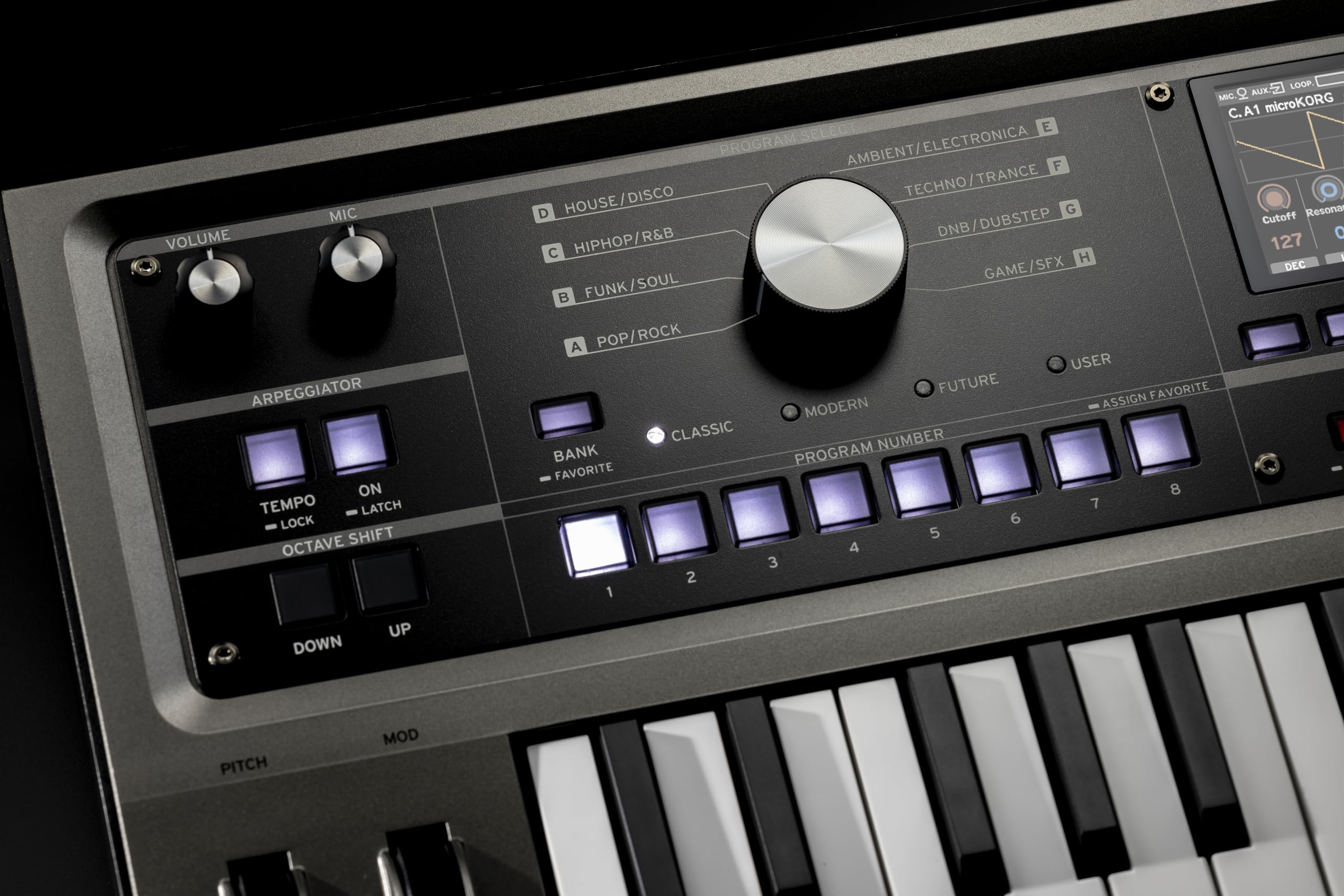 Sure, here is the corrected and grouped text from the image:

---

**Top Section:**
- VOLUME
- MIC

**Middle Section:**
- ARPEGGIATOR
- TEMPO
  - LOCK
  - LATCH
- OCTAVE SHIFT
- DOWN
- UP
- PITCH
- MOD

**Program Select:**
- A POP/ROCK
- B FUNK/SOUL
- C HIPHOP/R&B
- D HOUSE/DISCO
- E AMBIENT/ELECTRONICA
- F TECHNO/TRANCE
- G DNB/DUBSTEP
- H GAME/SFX

**Program Bank:**
- BANK
  - FAVORITE
- PROGRAM NUMBER
- CLASSIC
- MODERN
- FUTURE
- USER
- ASSIGN FAVORITE

**Program Favorites:**
- 1
- 2
- 3
- 4
- 5
- 6
- 7
- 8

**Right Section:**
- C.A1 microKORG
- Cutoff: 127
- Resonance: 0
- DEC

**Bottom Section:**
- LOOP
- AUX 2

---