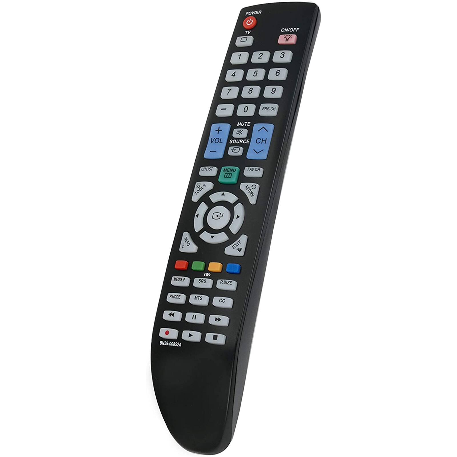 POWER TV ON/OFF 1 2 3 4 5 6 7 8 9 0 PRE-CH MUTE + VOL SOURCE CH CHLIST TOOLS MENU FAVOR RETURN EXIT SRS P.SIZE PMC MTS CC BN59-00852A