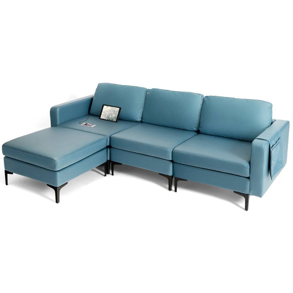 Back. Kadyn - Modular L-shaped Sectional Sofa with Reversible Chaise and 2 USB Ports-Blue, Sectional Sofa Couch Living Room Sleeper - Blue.