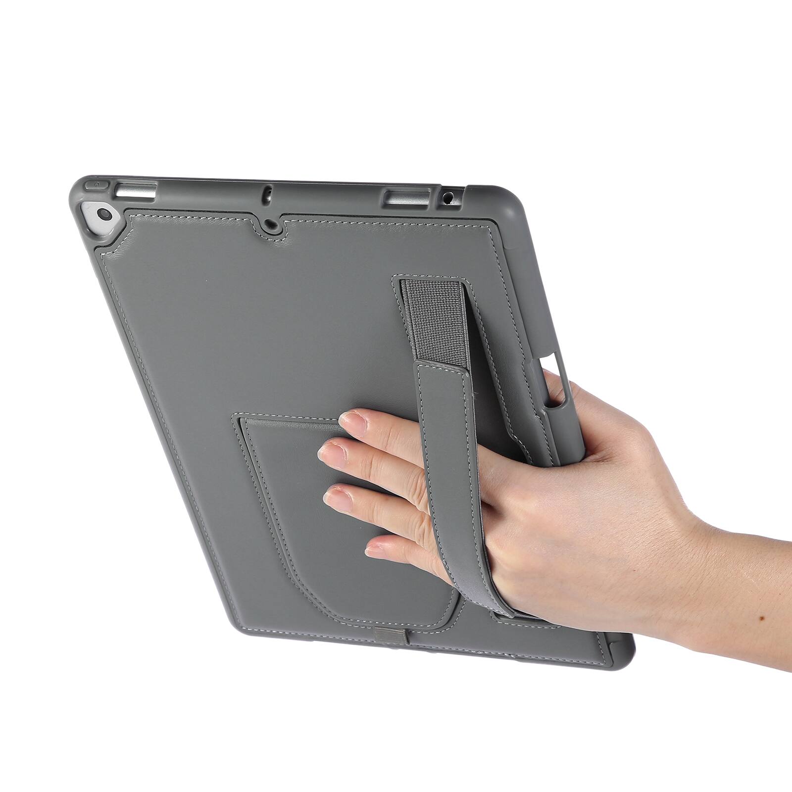 Left. UUCOVER - Case for iPad 9th 8th 7th Gen 10.2-inch (2021/2020/2019) Shockproof PU Leather Hand Strap Kickstand Pencil Holder Cover - Gray.