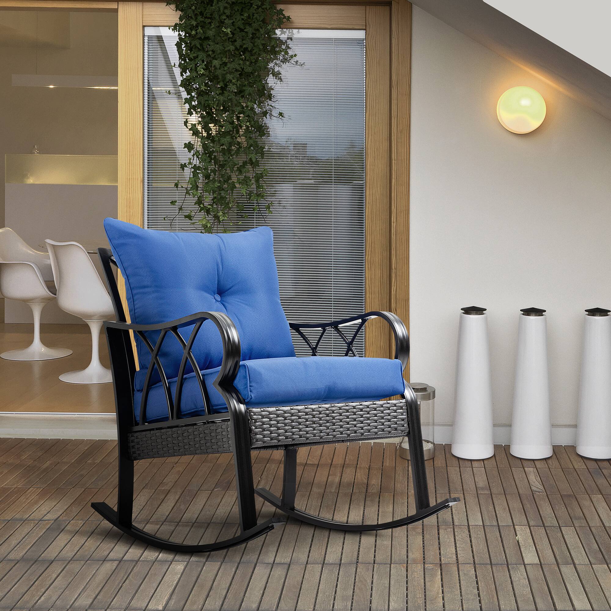 Alt View 1. Outsunny - Outdoor Wicker Rocking Chair with Padded Cushions, Aluminum Furniture Rattan Porch Rocker Chair w/ Armrest - Blue.