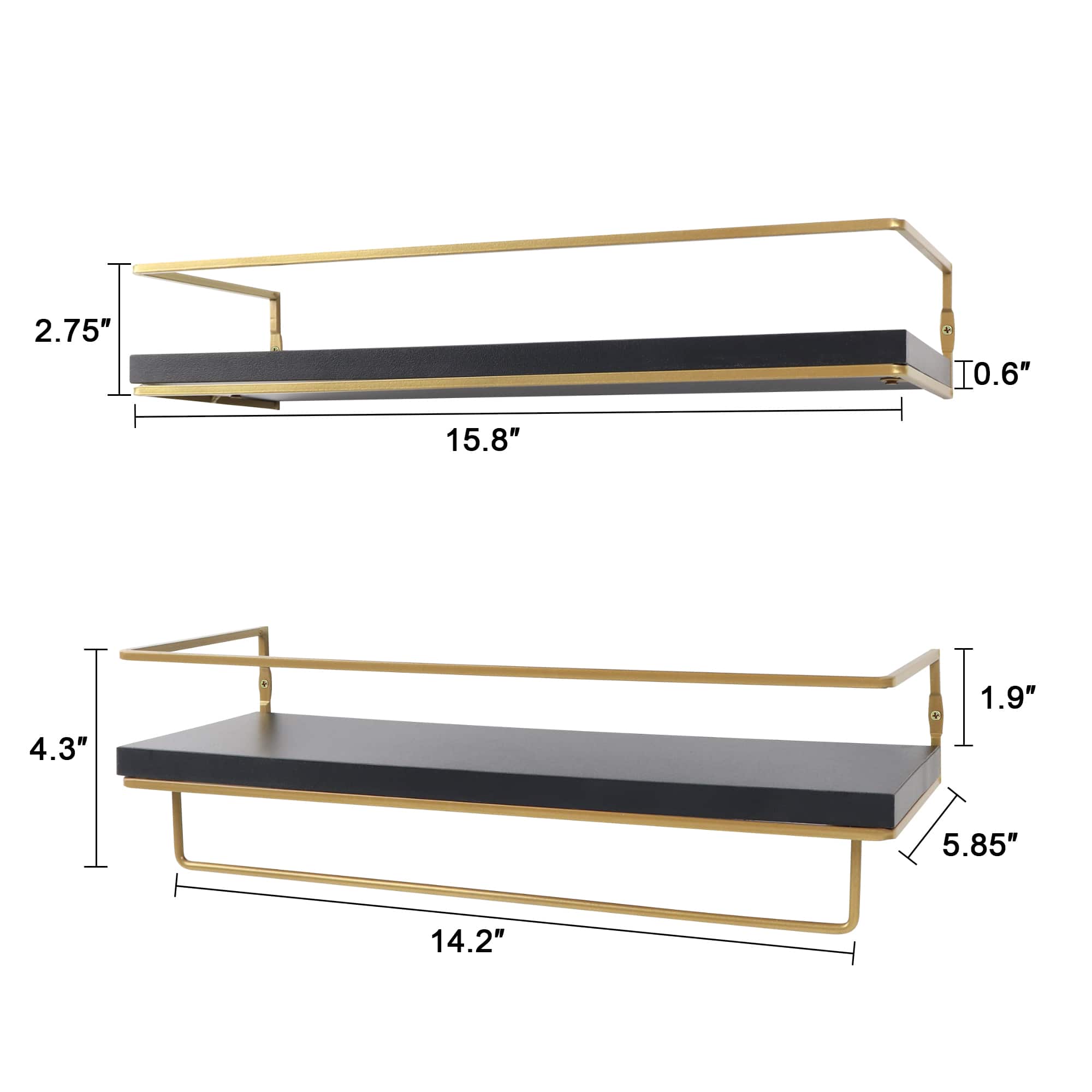 Dazzed Corner - Floating Shelves - Set of 2, Wall Mounted Hanging Shelves with Golden Towel Rack - Black