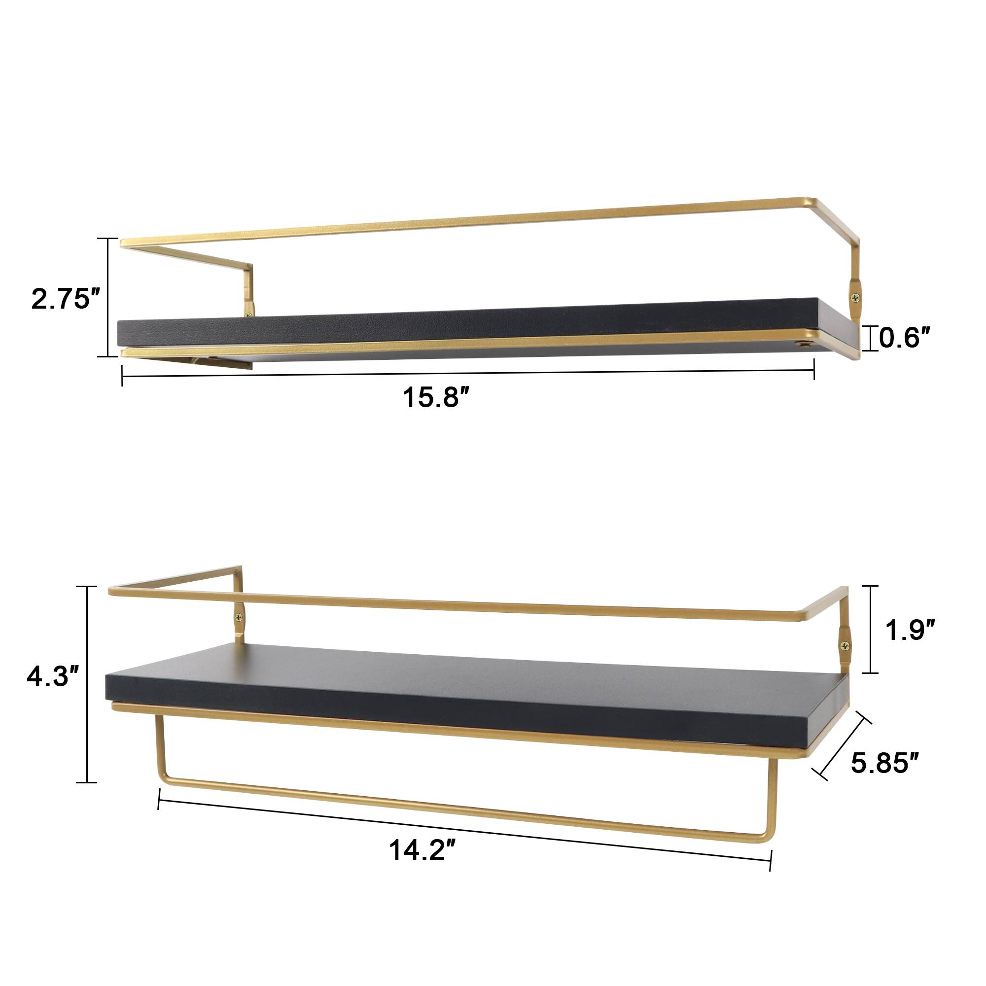 Dazzed Corner - Floating Shelves - Set of 2, Wall Mounted Hanging Shelves with Golden Towel Rack - Black