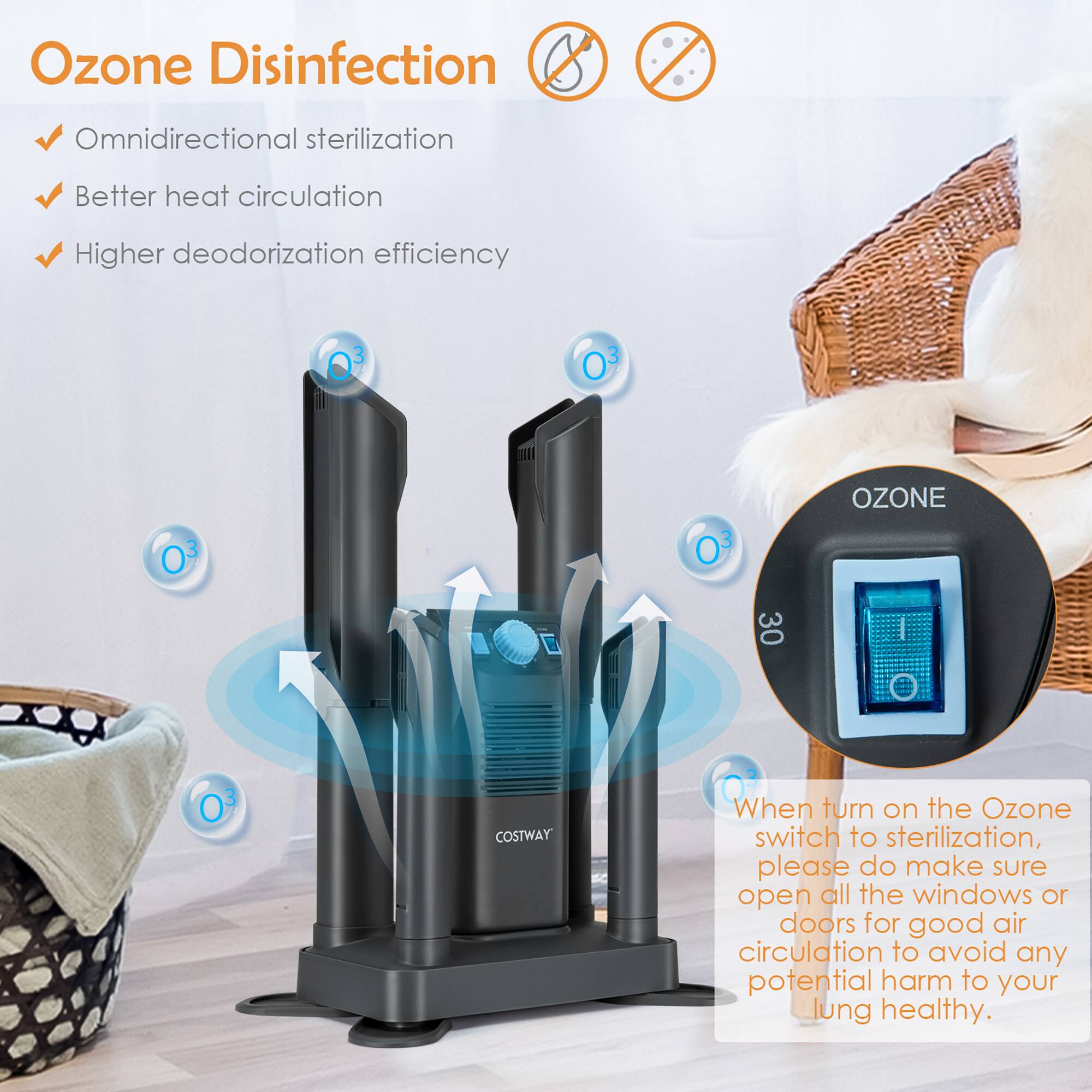 Ozone Disinfection: Omnidirectional sterilization, Better heat circulation, Higher deodorization efficiency.

When turning on the Ozone switch to sterilization, please ensure that you open all the windows or doors for good air circulation to avoid any potential harm to your lung health.