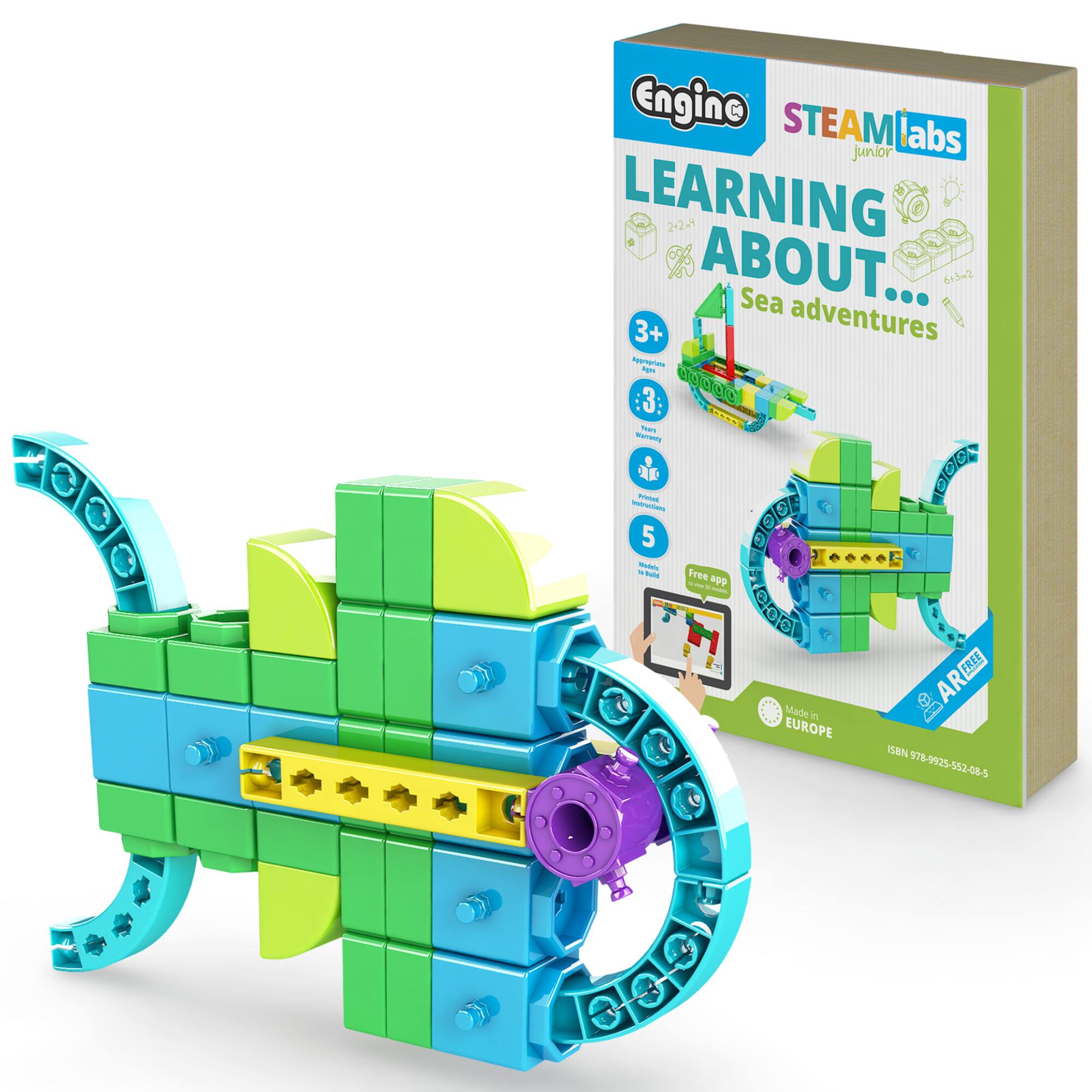 Engine STEAM labs junior  
LEARNING ABOUT...  
Sea adventures  
3+  
Approximate Ages 3  
Traes Warcenty OF friends  
Instructions  
5 V  
Welds  
Total Free  
Y app  
TABIL  
eee FREE  
Made AR  
EUROPE  
ISBN 978-9925-552-08-5