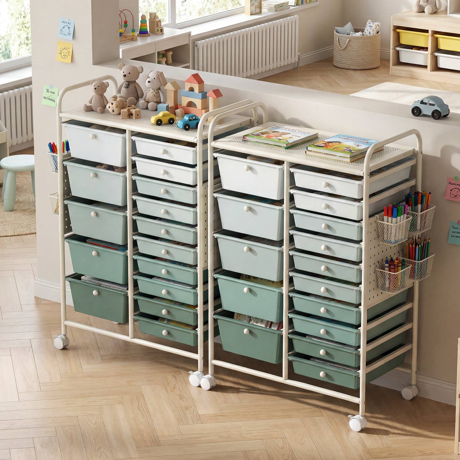Alt View 3. Costway - Costway 15-Drawer Rolling Cart with Pegboard, 2 Locking Brakes, Metal Frame for Home - Gradient Green+White.