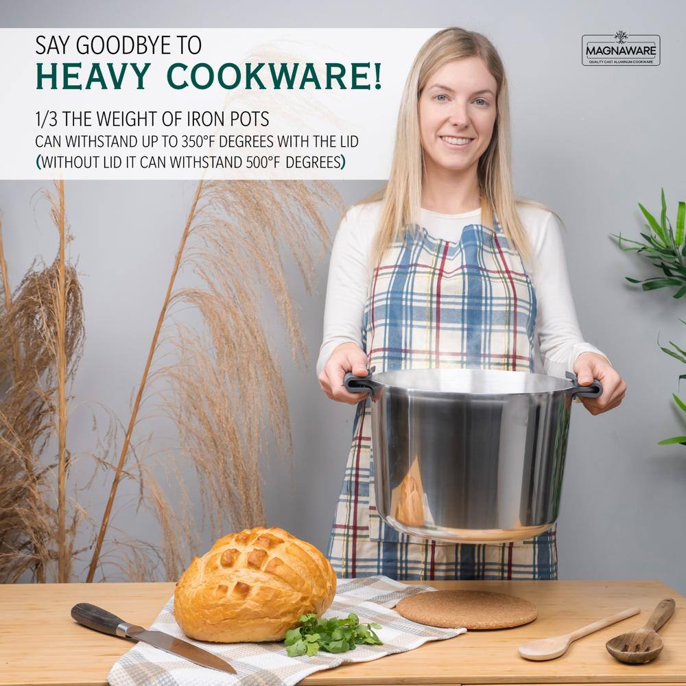 SAY GOODBYE TO HEAVY COOKWARE!  
1/3 THE WEIGHT OF IRON POTS CAN WITHSTAND UP TO 350°F DEGREES WITH THE LID (WITHOUT LID IT CAN WITHSTAND 500°F DEGREES)  
MAGNAWARE