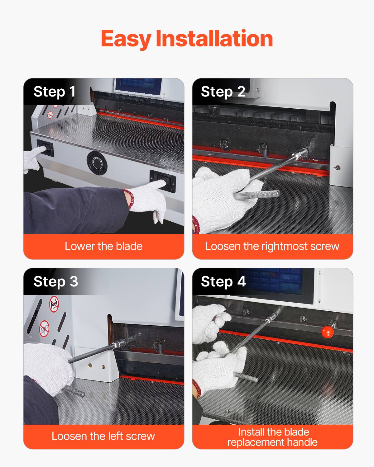 Easy Installation

Step 1: Lower the blade

Step 2: Loosen the rightmost screw

Step 3: Loosen the left screw

Step 4: Install the blade replacement handle