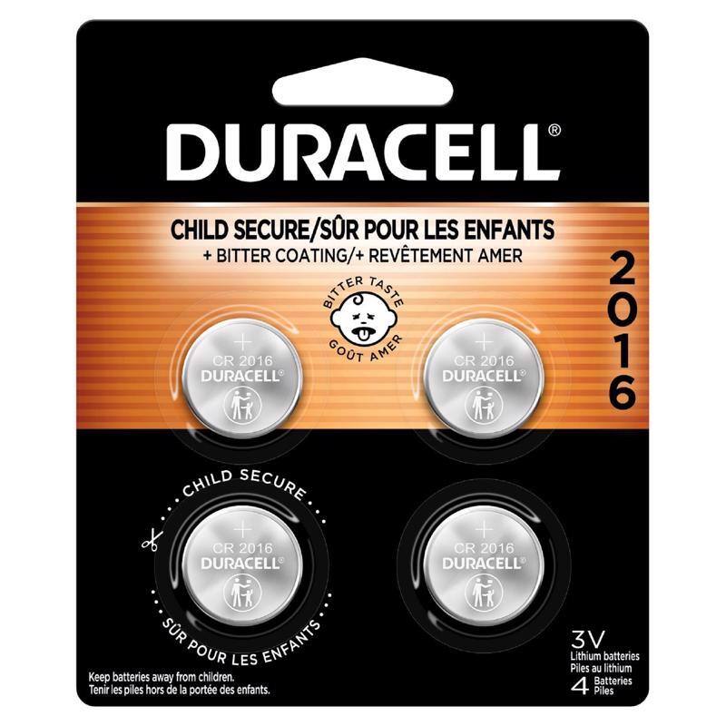 DURACELL  
CHILD SECURE/SUR POUR LES ENFANTS  
+ BITTER COATING/+ REVÊTEMENT AMER  
BITTER TASTE  
CR 2016  
Keep batteries away from children.  
Tenir les piles hors de la portée des enfants.  
3V Lithium batteries  
Piles au lithium  
4 Piles