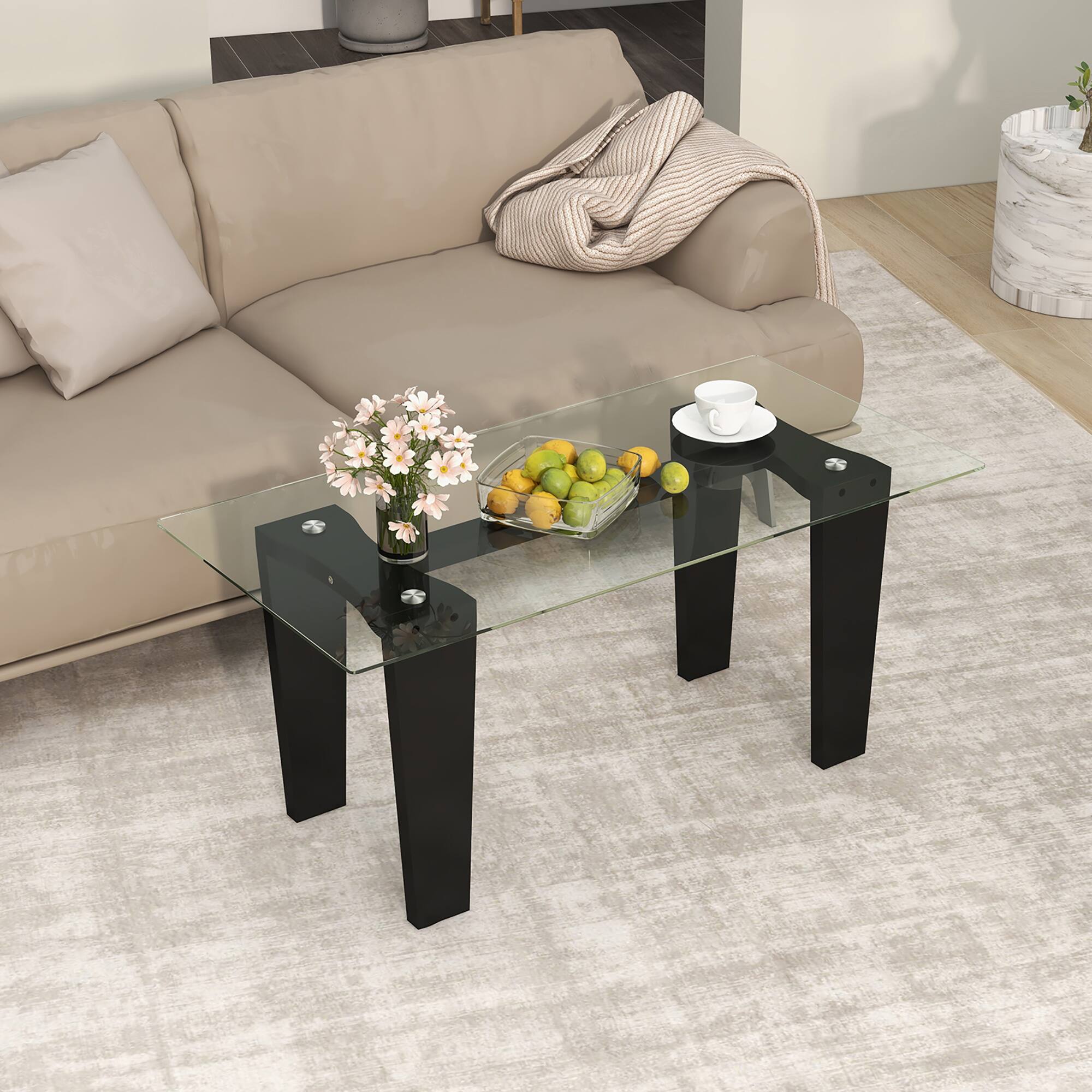 Alt View 4. Gymax - Gymax Rectangle Coffee Table Modern Tempered Glass Top Accent Table Black - Transparent, Black.