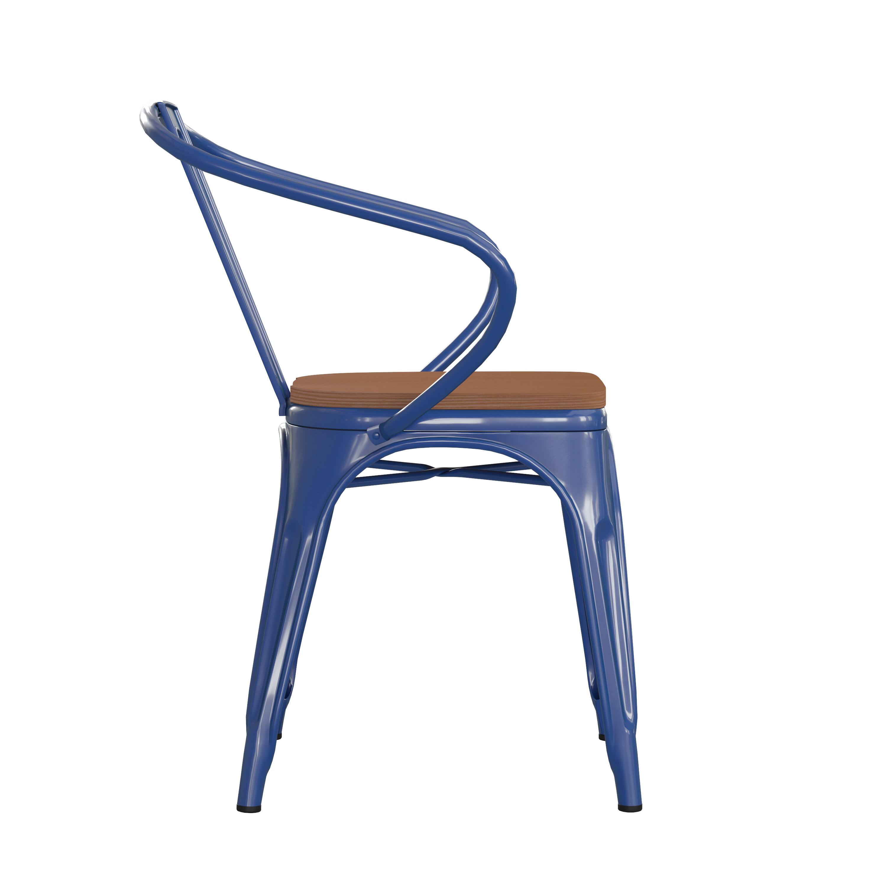 Alt View 9. Emma + Oliver - Alva Metal Indoor-Outdoor Stacking Chair with Vertical Slat Back, Arms and All-Weather Polystyrene Seat - Teak Seat/Blue Frame.