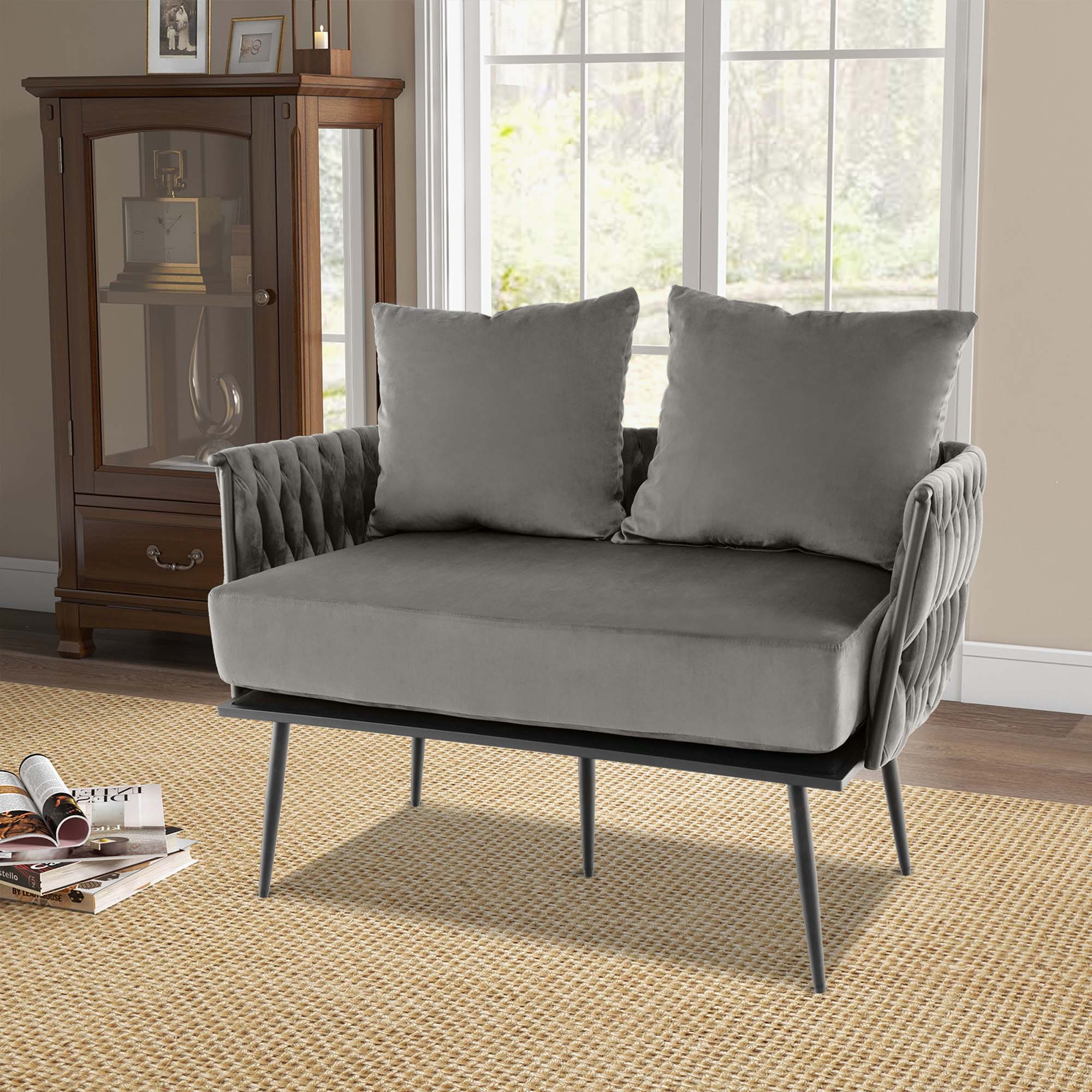 Alt View 3. Costway - Costway Modern Loveseat Sofa Upholstered Dutch Velvet Couch with Woven Back & Arms Grey - Grey.