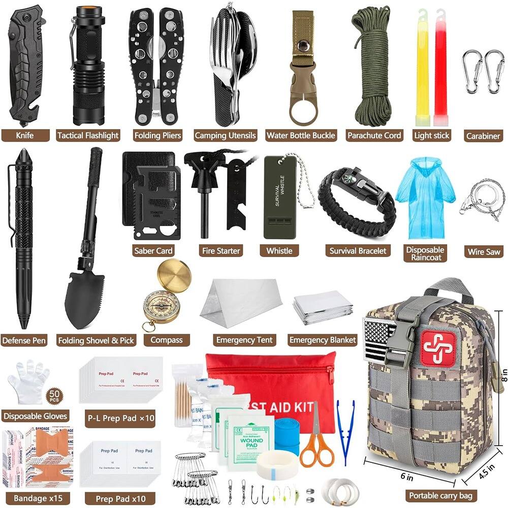 - Knife
- Tactical Flashlight
- Folding Pliers
- Camping Utensils
- Water Bottle Buckle
- Parachute Cord
- Light Stick
- Carabiner
- Whistle
- Survival Bracelet
- Disposable Raincoat
- Wire Saw
- Defense Pen
- Folding Shovel & Pick
- Compass
- Emergency Tent
- Emergency Blanket
- 50 PCS Disposable Gloves
- P-L Prep Pad x10
- Bandage x15
- Prep Pad x10
- Portable Carry Bag