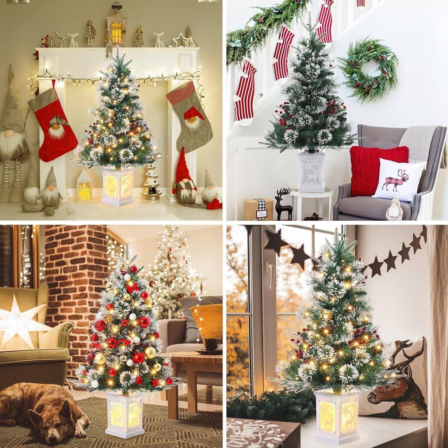 Back. Acekool - Clearance! 2 Pcs 3FT Prelit Artificial Desktop Christmas Tree with Deer Lightbox, Snow Flocked, Tabletop Set - Green.