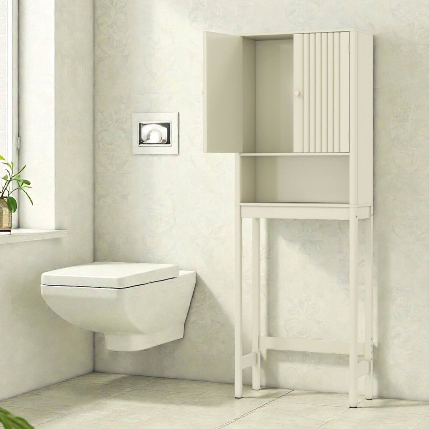 Front. Hivvago - Freestanding Bathroom Cabinet with Decorative Fluted Doors for Over-Toilet Storage - Beige.