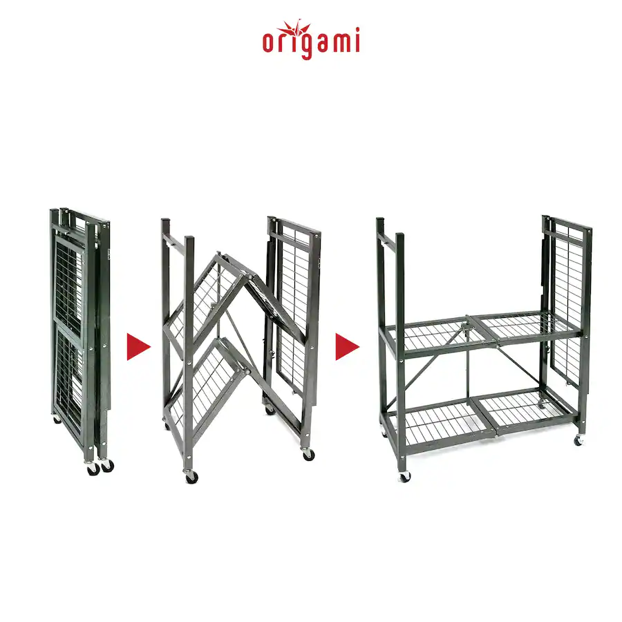 Origami R3 Foldable 3 Tiered Shelf Storage Rack & Wheels, (4 Pack ...