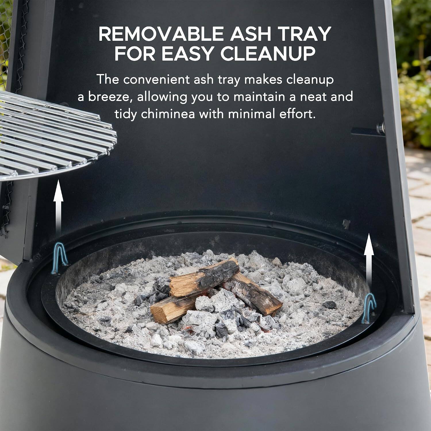 REMOVABLE ASH TRAY FOR EASY CLEANUP

The convenient ash tray makes cleanup a breeze, allowing you to maintain a neat and tidy chiminea with minimal effort.
