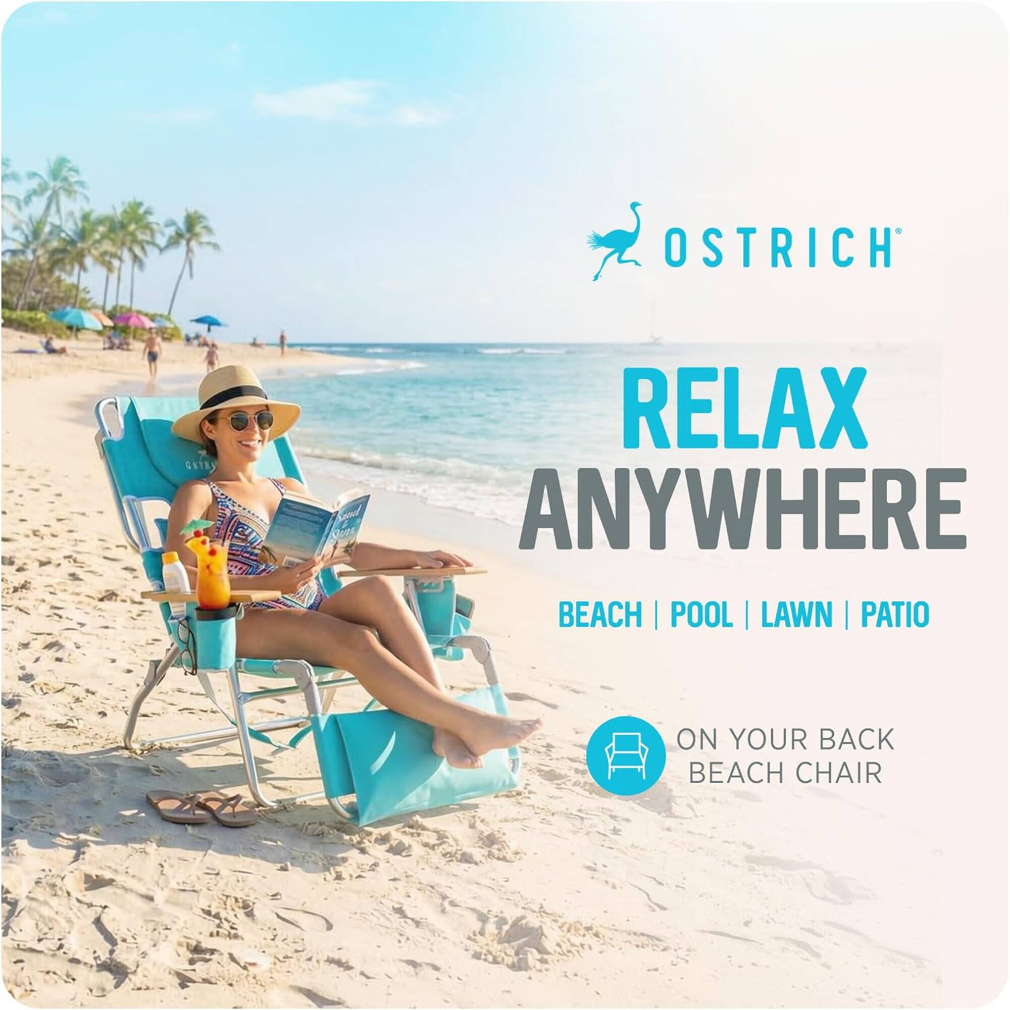 OSTRICH® RELAX ANYWHERE BEACH | POOL | LAWN | PATIO ON YOUR BACK BEACH CHAIR