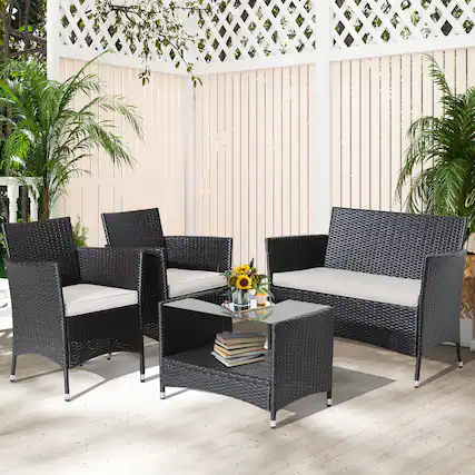 Front. Gymax - Gymax 4PCS Outdoor Sofa Set Patio Rattan Wicker Conversation Set w/ Coffee Table - Mix Brown.